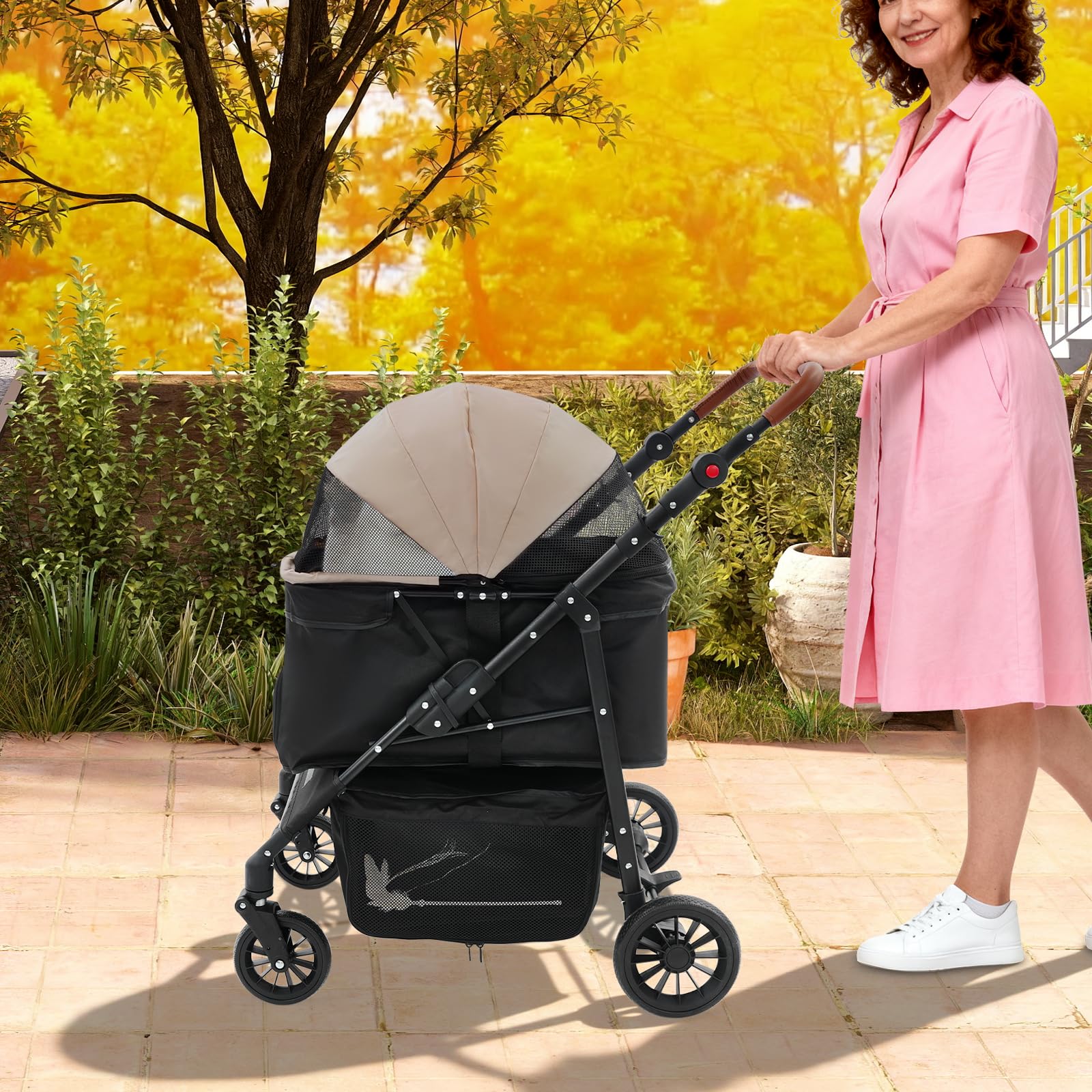 Carrello per cani 2 in 1, pieghevole con due scomparti separati, passeggino per animali domestici fino a 15 kg, con maniglia regolabile, per cani e gatti di piccola taglia (nero + cachi)