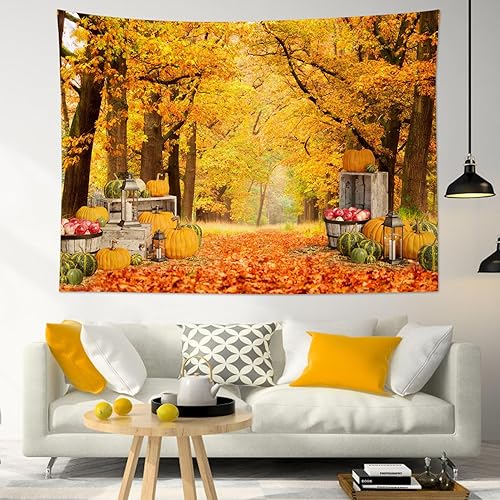 Miniatura 2 de HVEST Tapiz de bosque con temática otoñal, hojas de arce amarillas caídas, decoración de calabaza de día de acción de gracias, temporada de cosecha,