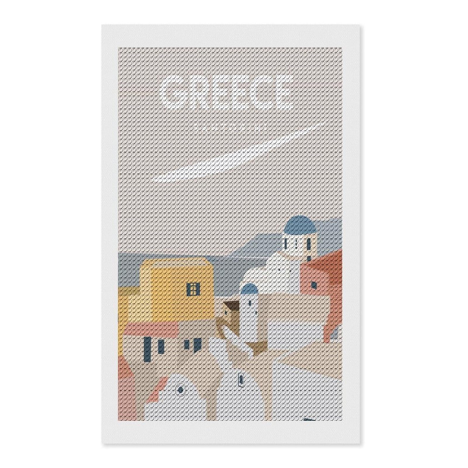 Junmoney Greece Santorini 1 DIY Diamond Art Canvas Kit 12"x20", Farmhouse Decor, Vintage Style Decor, Handmade Wall Decor, Canvas Picture