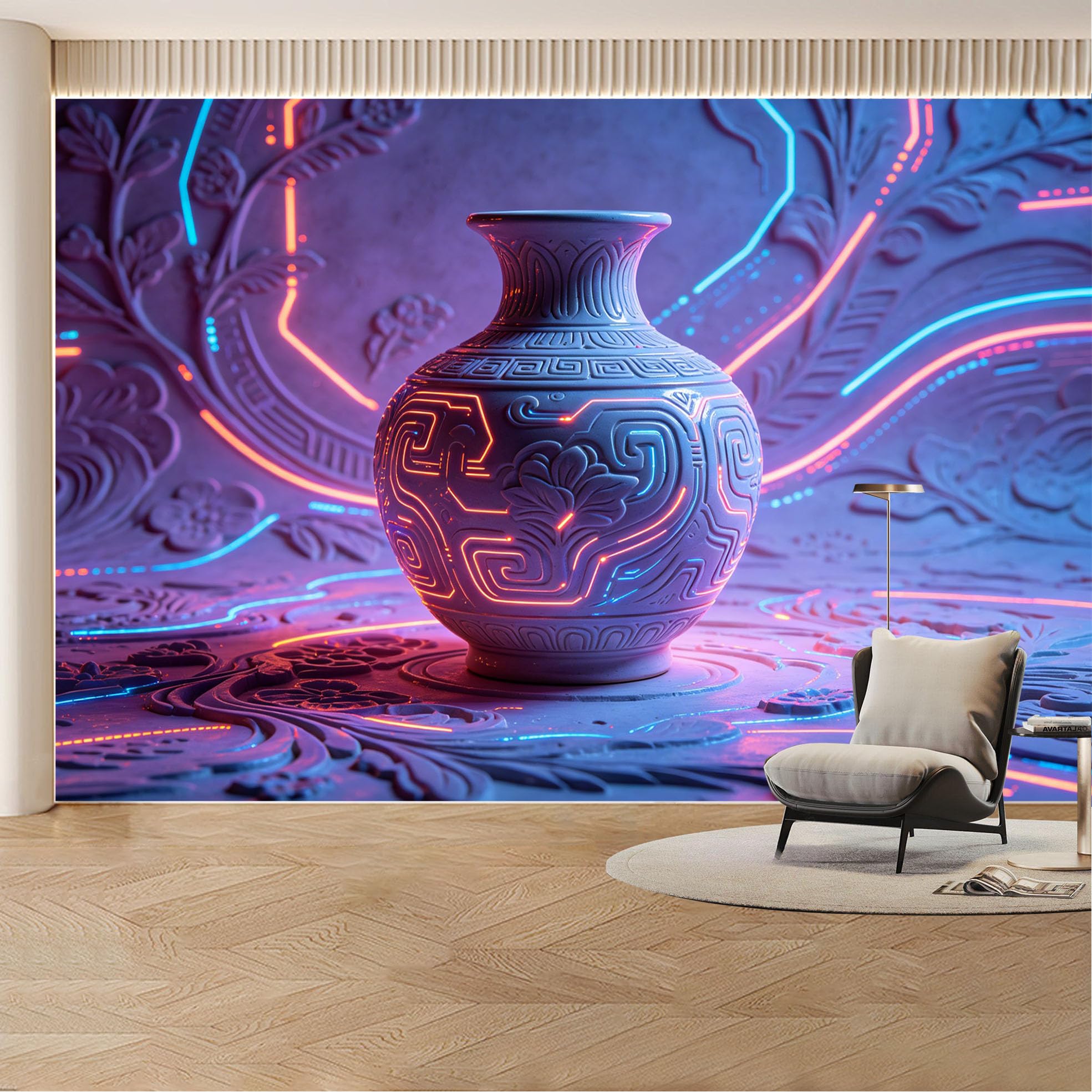 Custom Wall Mural Wallpaper Ceramic Vase Neon Glow Landscape Modern 3D Effect Wall Decor Futuristic Luxury Style Removable SelfAdhesive Large Photo for Living Room， Bedroom， Office