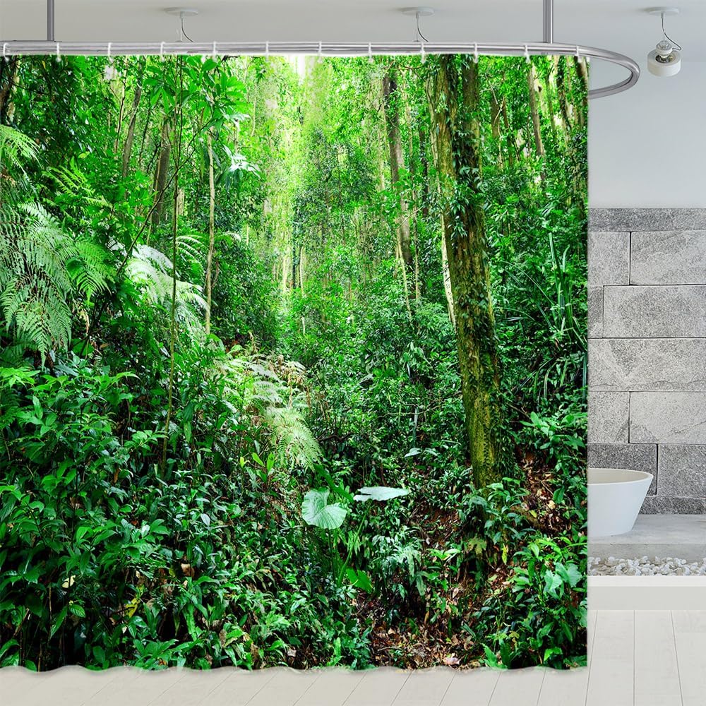 Rainforest Landscape Shower Curtains Green Leaves Plant Tree Original Forest Scenery Outdoor Nature View Bathroom Decor Polyester Fabric Curtain Sets 106x70 Inch with Hook