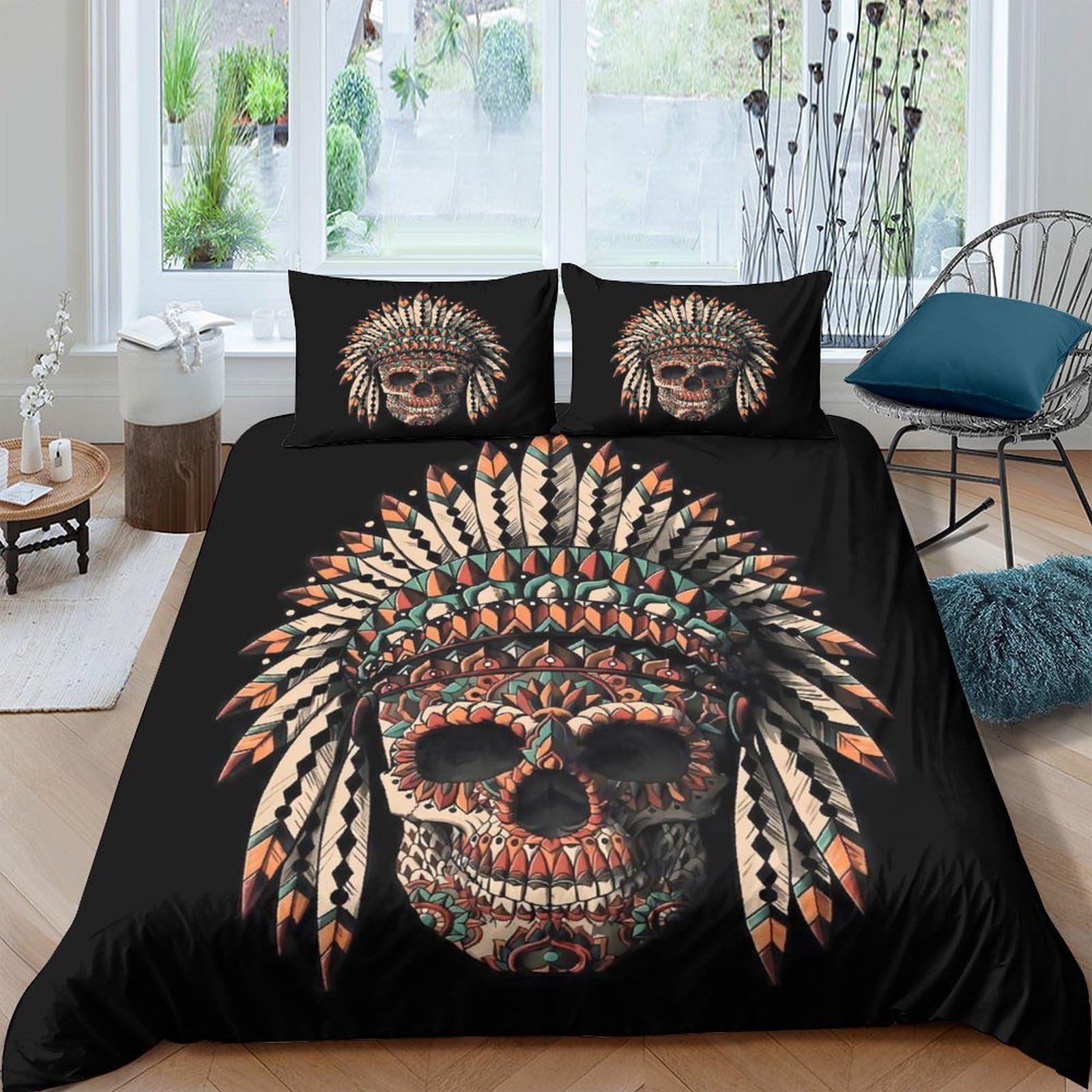 Ctjqhvkz Style-4 3D Printed Skull Feather Headdress Fitted Sheet Microfiber Soft Black Ethnic Art Mattress Cover For Bedroom Guestroom Decor Single（135X200cm）