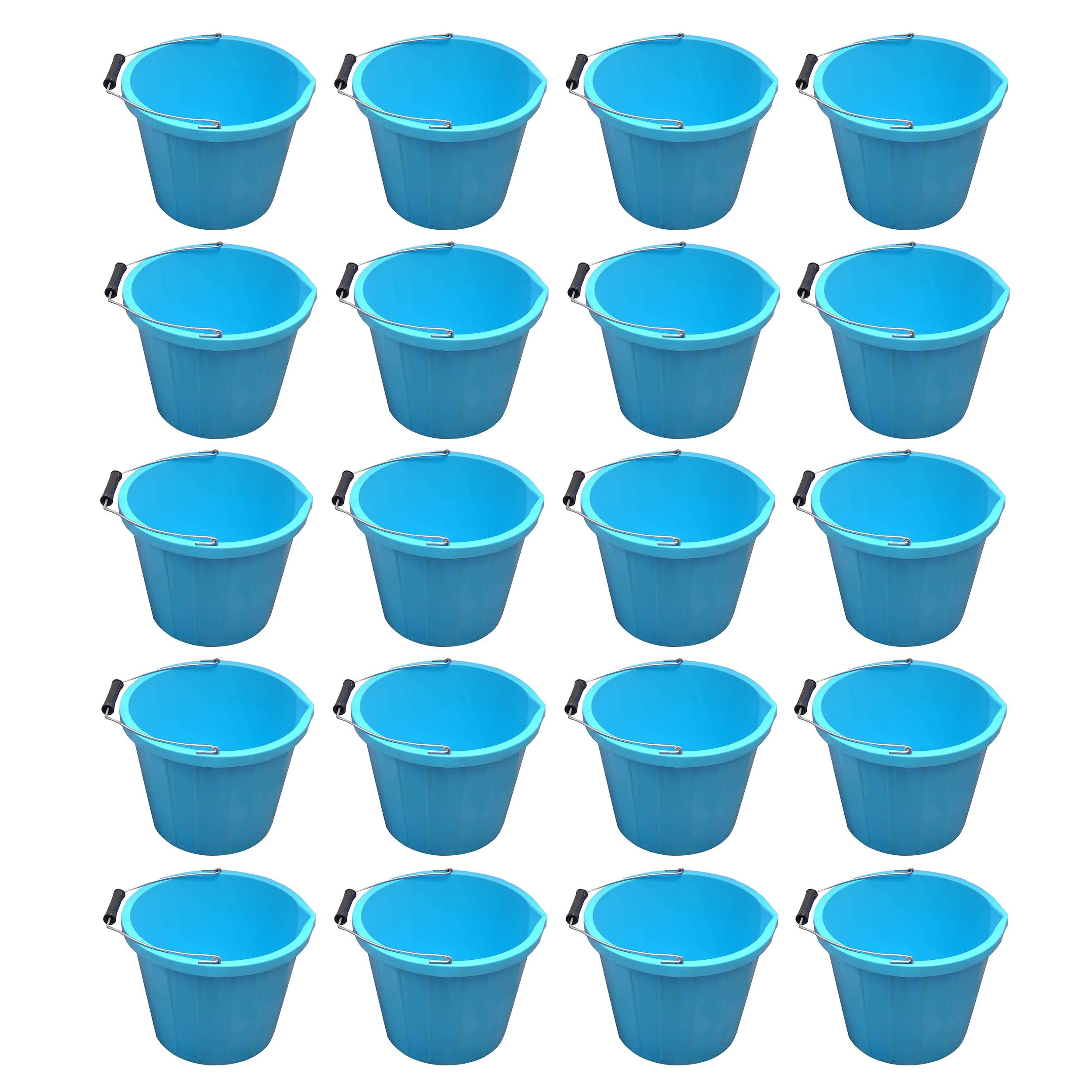 M1ss Blue Set Of 20 - 3 Gallons Buckets With Handles & Spouts Measuring Guide 14L Litre Plastic Tub Set For Water Storage, Construction, Cement Mixing, Gardening & Household Cleaning Made In U.k.