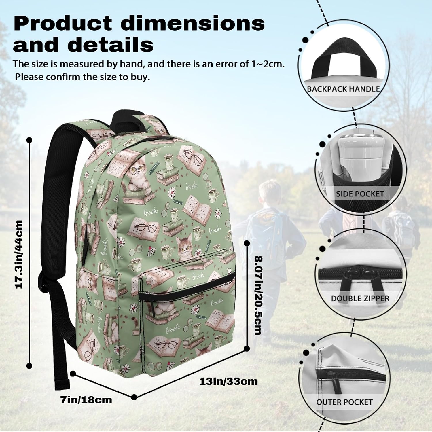 Amzbeauty Cat Book Print Kids Backpack For Boys Girls Back To School 17 Inch Large Capacity Book Bag Elementary Student Green Travel Backpacks