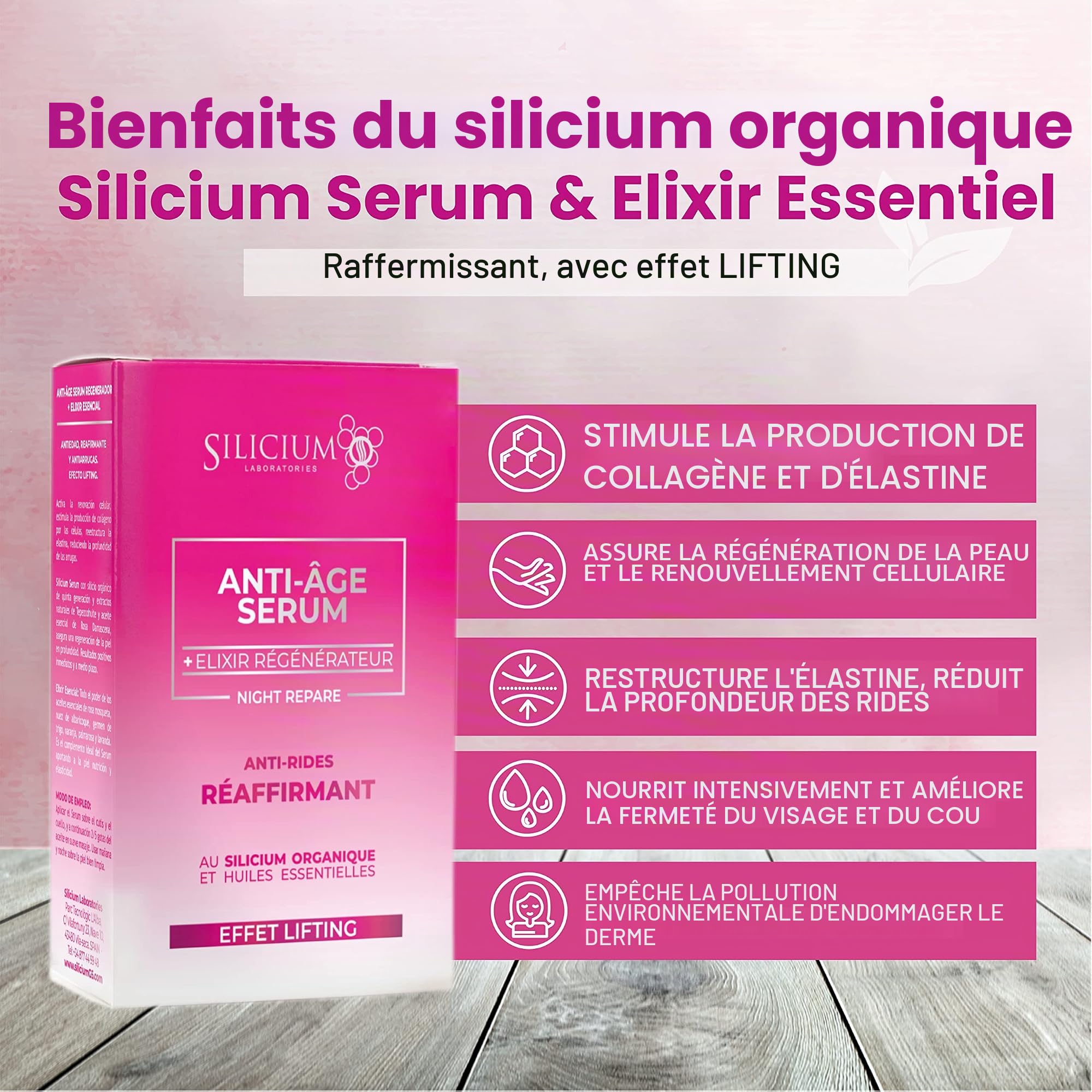 Sérum et Elixir Essentiel. Traitement raffermissant, effet liftant grâce au silicium, aux extraits et aux huiles naturelles. 50 ml de sérum + 20 ml d'élixir essentiel en compte-gouttes.
