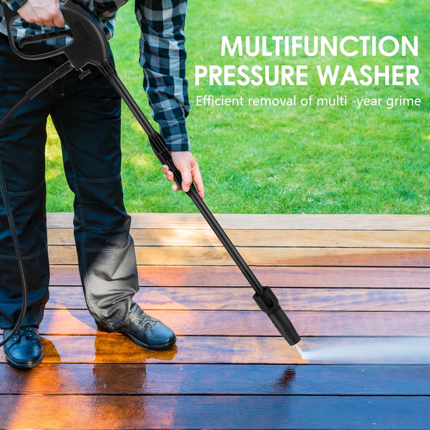 Person cleaning a wooden deck with the Homdox HD4000 pressure washer
