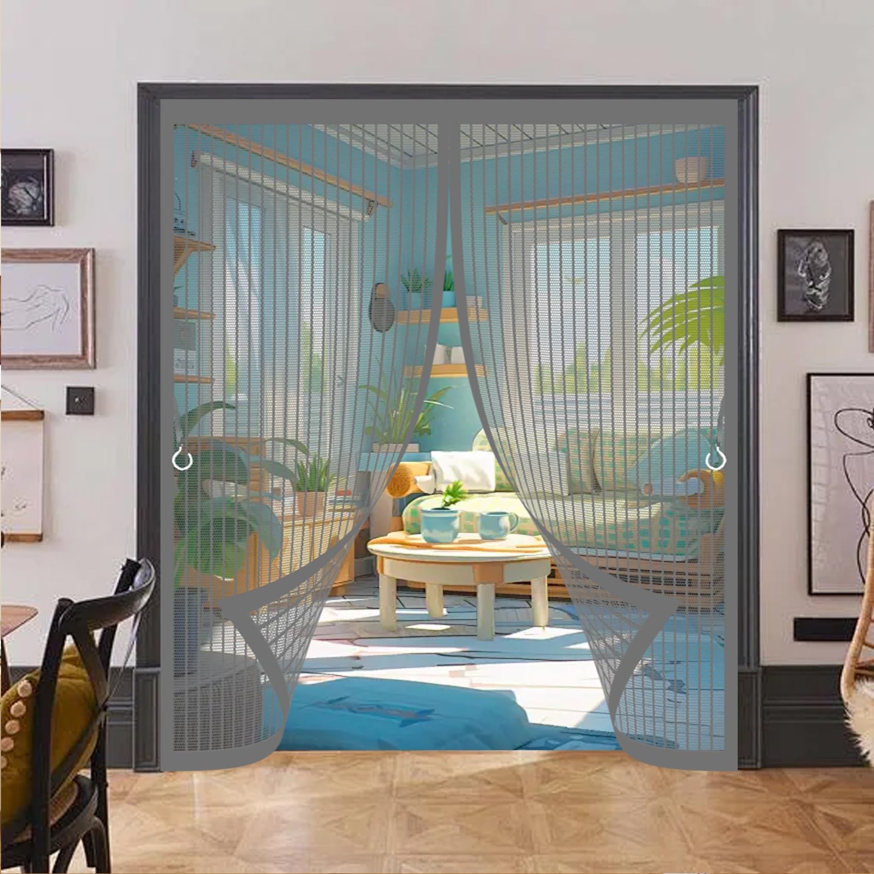 Fly Nets for Doors 134 x 190 cm with Powerful Magnets & Full Frame Magic Tape No Gap, Lets Fresh Air in, Keep Bugs Out Patio Door Nets Insect Mesh for Patio Doors Bedroom, Grey