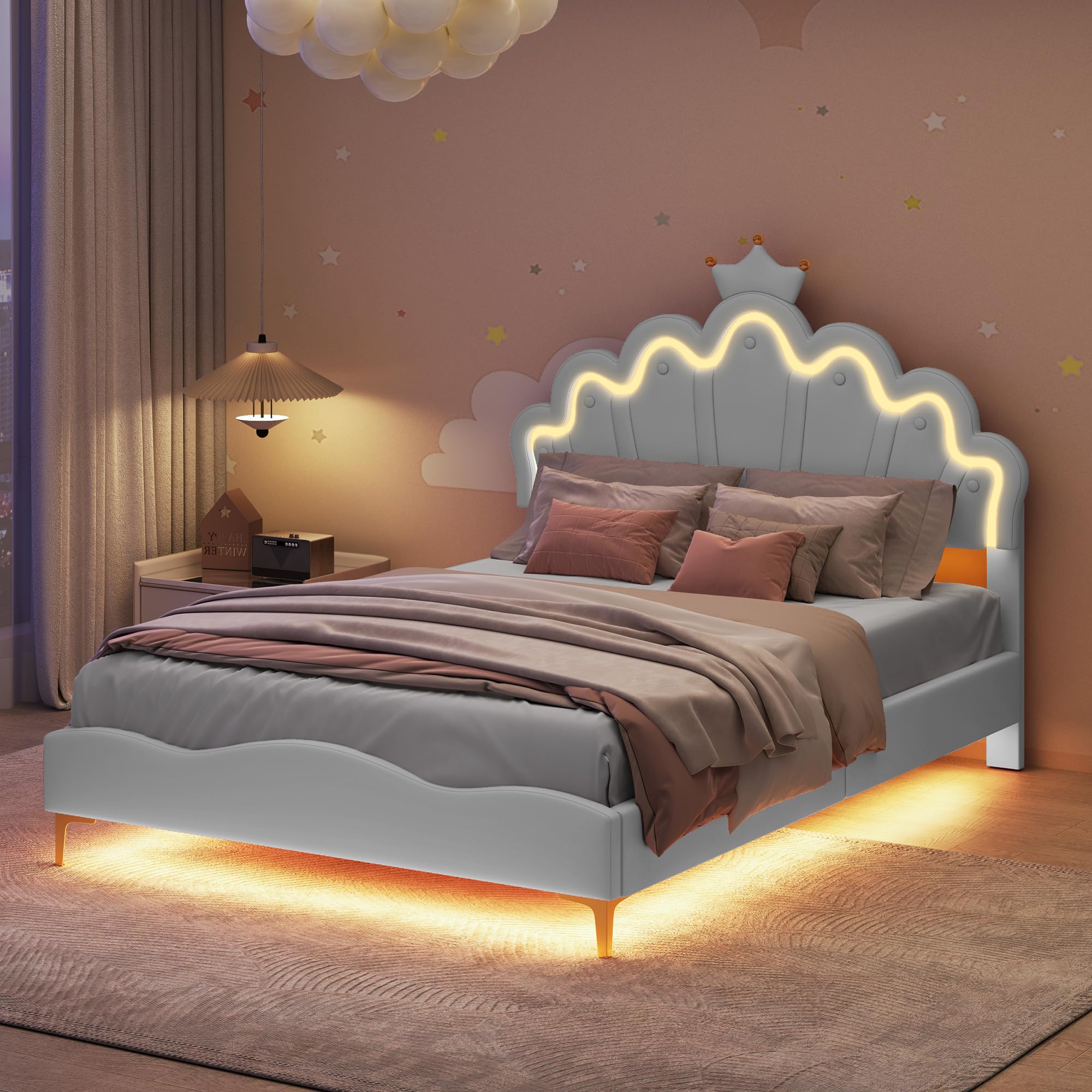 PerGar Lit de princesse pour fille - Avec barre lumineuse LED - Coussin en cuir synthétique souple - Lit de princesse avec hauteur de tête de lit réglable (blanc, 140 x 200 cm)