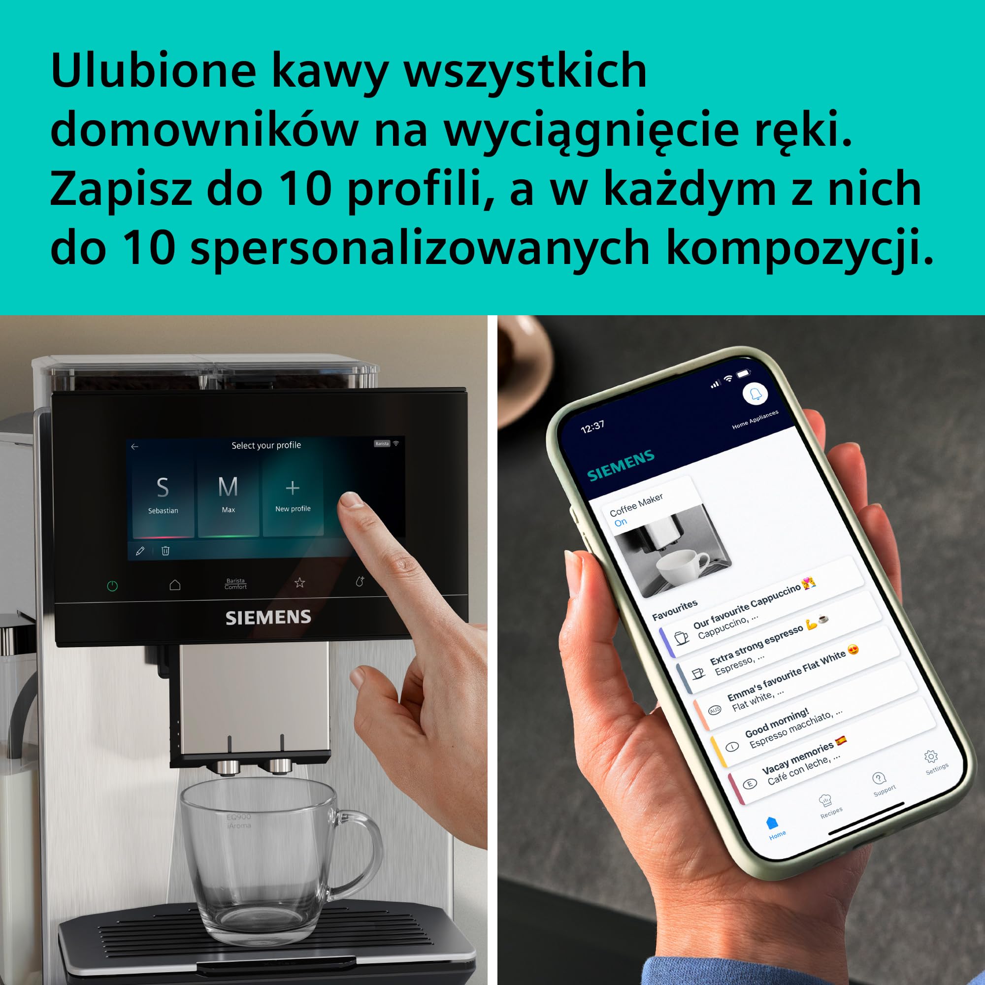 Siemens, automatyczny ekspres do espresso, EQ900 iAroma, spersonalizowane ustawienia smaku, precyzyjne mielenie, duży wyświetlacz, dwa pojemniki na ziarna, stal nierdzewna, TQ927E03