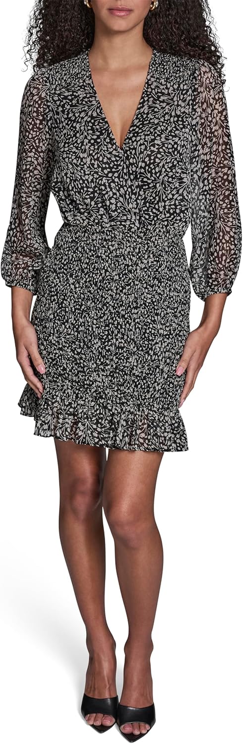 BCBG Womens Long Sleeve V Neck Smocked Chiffon Ruffle Hem Mini Dress - Image 5