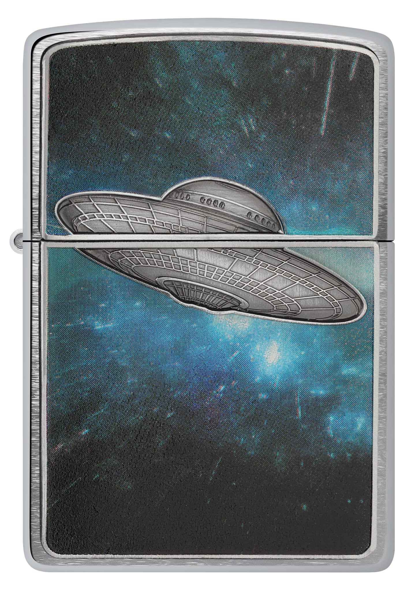 Zippo Sturmfeuerzeug - UFO in Galaxy, Brushed Chrome, Emblem - Nachfüllbar - Wiederverwendbar - Windfestes Design - Geschenkbox - Made in USA