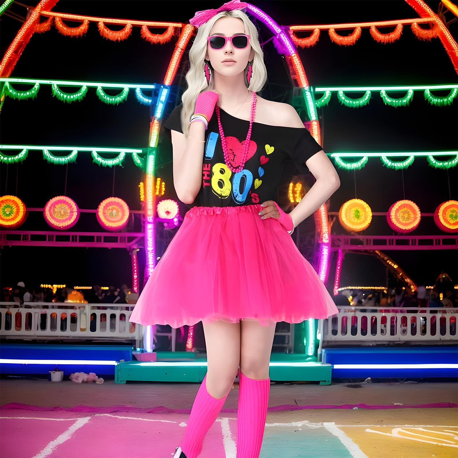 Strój dla kobiet z lat 80., rękawiczki, legginsy, spódniczka tutu, zestaw akcesoriów kostiumowych, top z odkrytymi ramionami, cosplay lata 80., ubrania dla kobiet