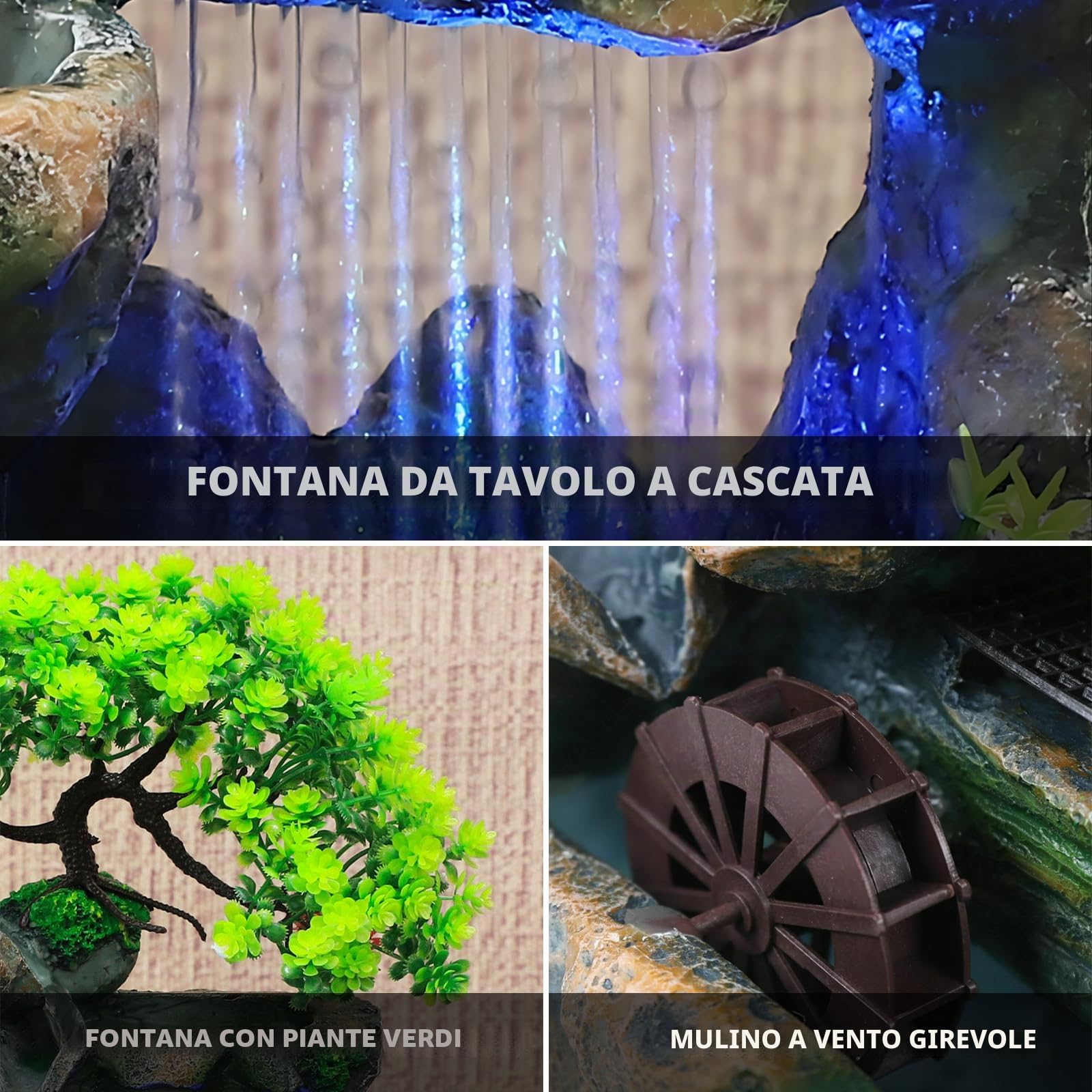 Fontana verde Pianta Fontana da Tavolo Cascata con Illuminazione a LED che Cambia colore, Fontana da Tavolo con Ruota Feng Shui, Fontana per Posizionamento Soggiorno, Ufficio Pulisce l'aria 18 x 30cm