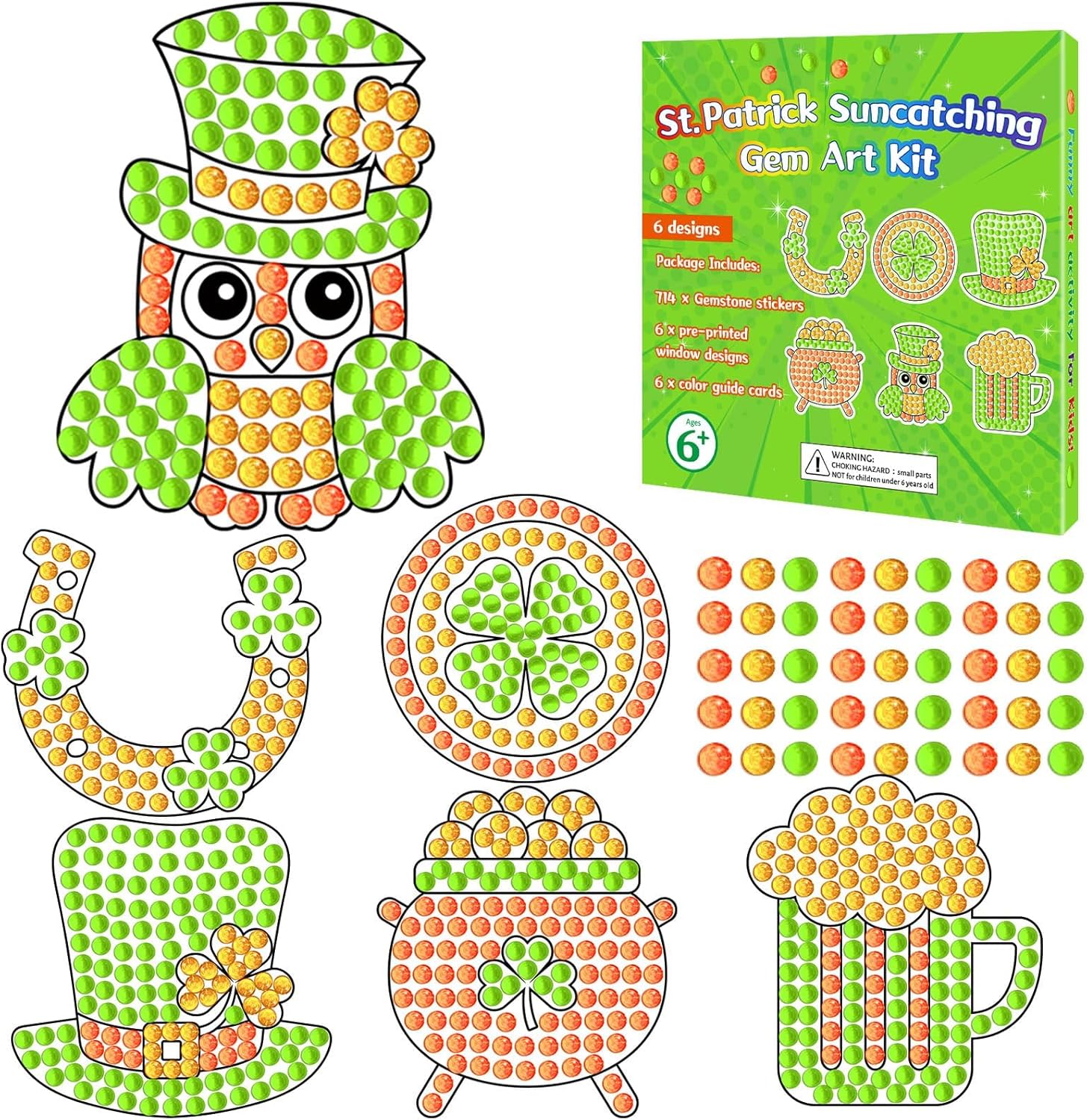 Qyeahkj 6 Pcs St Patrick's Day Arts Crafts DIY Shamrock Hat Gem Diamond Suncatcher Crafts for Kids Patrick Diamond Painting Gifts Exchange for Kids Aged 4 6 8 10 12 for Home School Party Decor