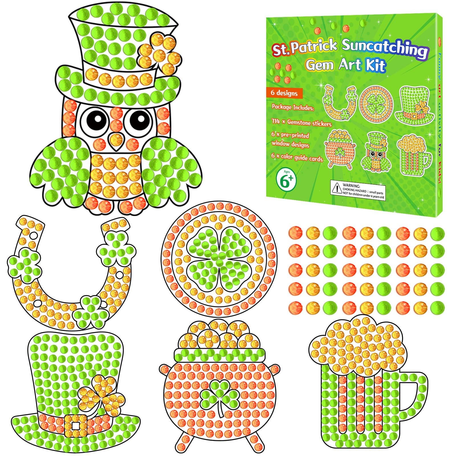 Qyeahkj 6 Pcs St Patrick's Day Arts Crafts DIY Shamrock Hat Gem Diamond Suncatcher Crafts for Kids Patrick Diamond Painting Gifts Exchange for Kids Aged 4 6 8 10 12 for Home School Party Decor
