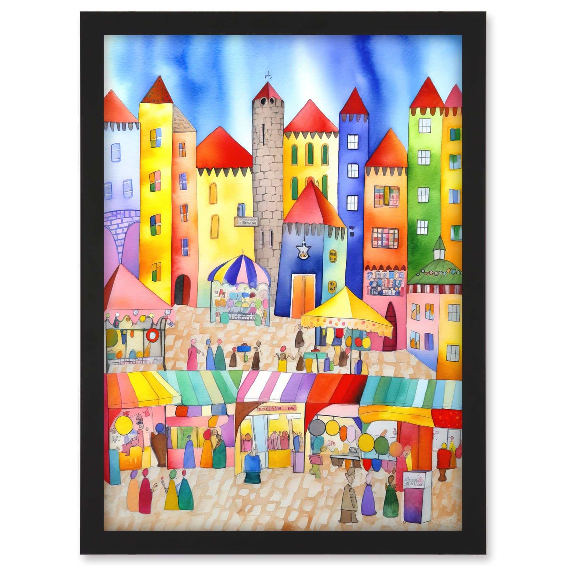 Artery8 Market Square Scene Folk Art Watercolour Painting Artwork Framed A3 Wall Art Print