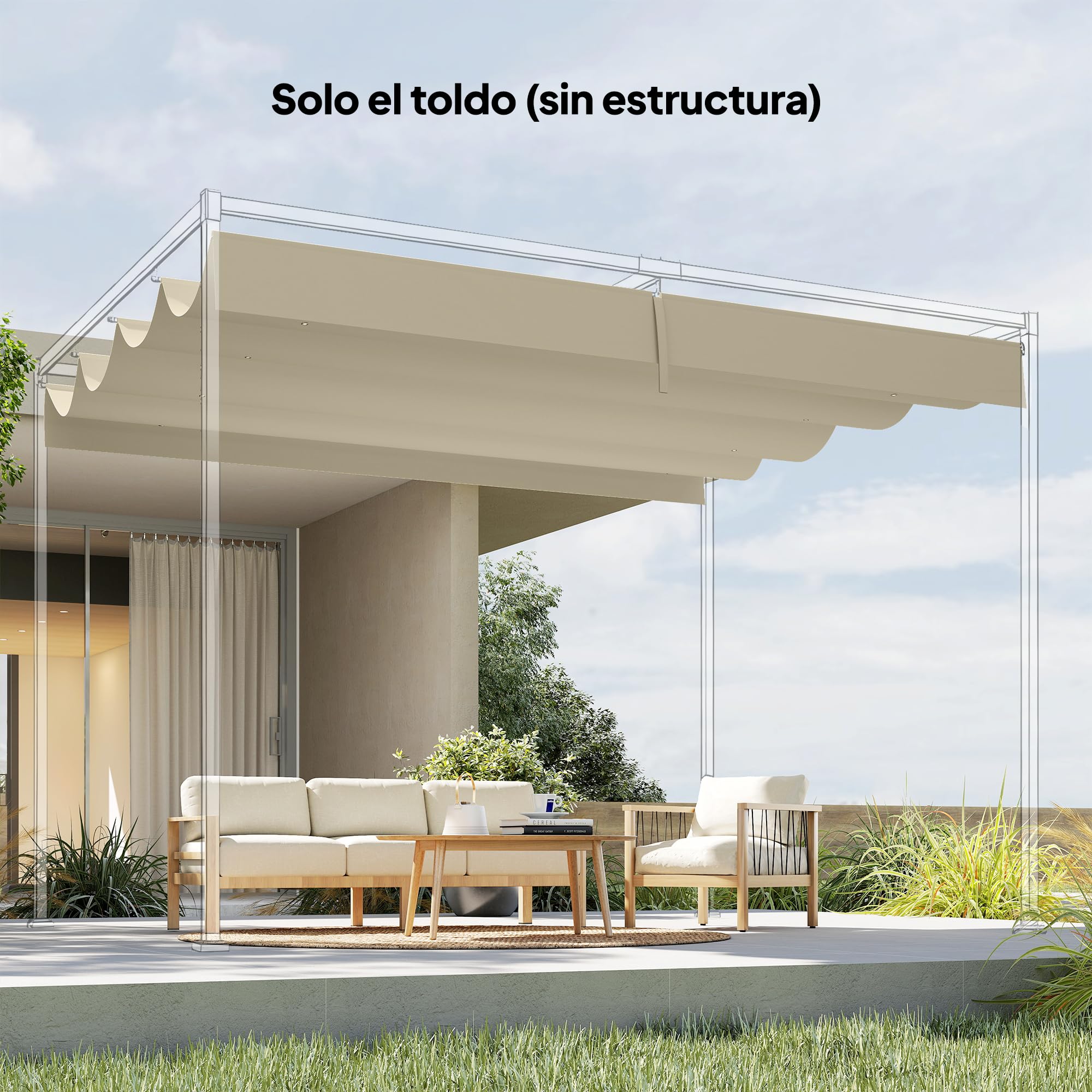 Outsunny Techo de Pérgola 4 x 3,5 m, Techo de Repuesto Retráctil para Marco de Pérgola de 4x3 m, UV30+, Toldo de Tela Solo para Cenador Jardín con 8 Orificios de Drenaje, Blanco Crema — view 8