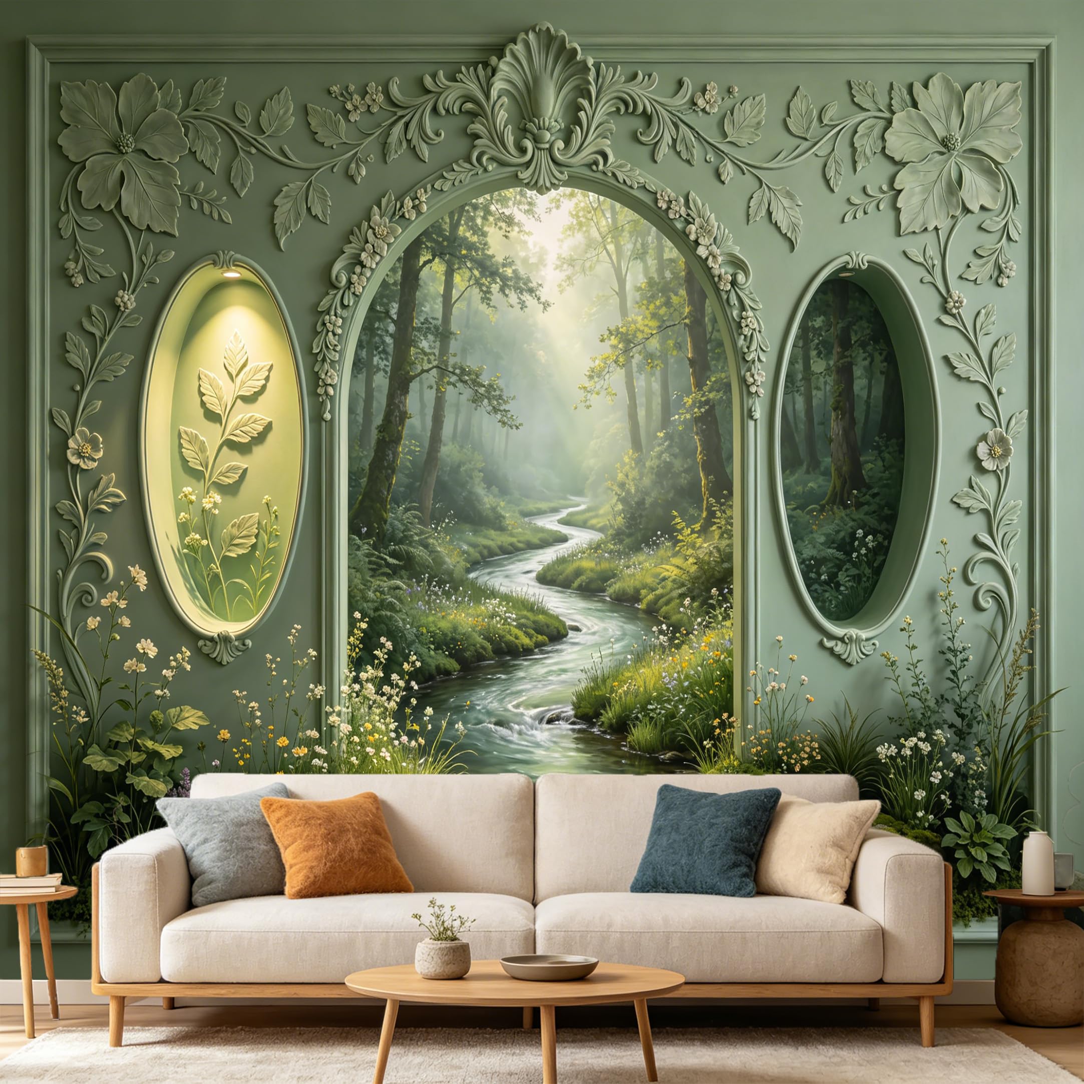 Custom Size Wall Mural， 3D Trompe L'Oeil Forest Stream Landscape， Botanical Archway Molding， SelfAdhesive Art Prints wall Fabric Removable Large Wallpaper Home Living Room Decor