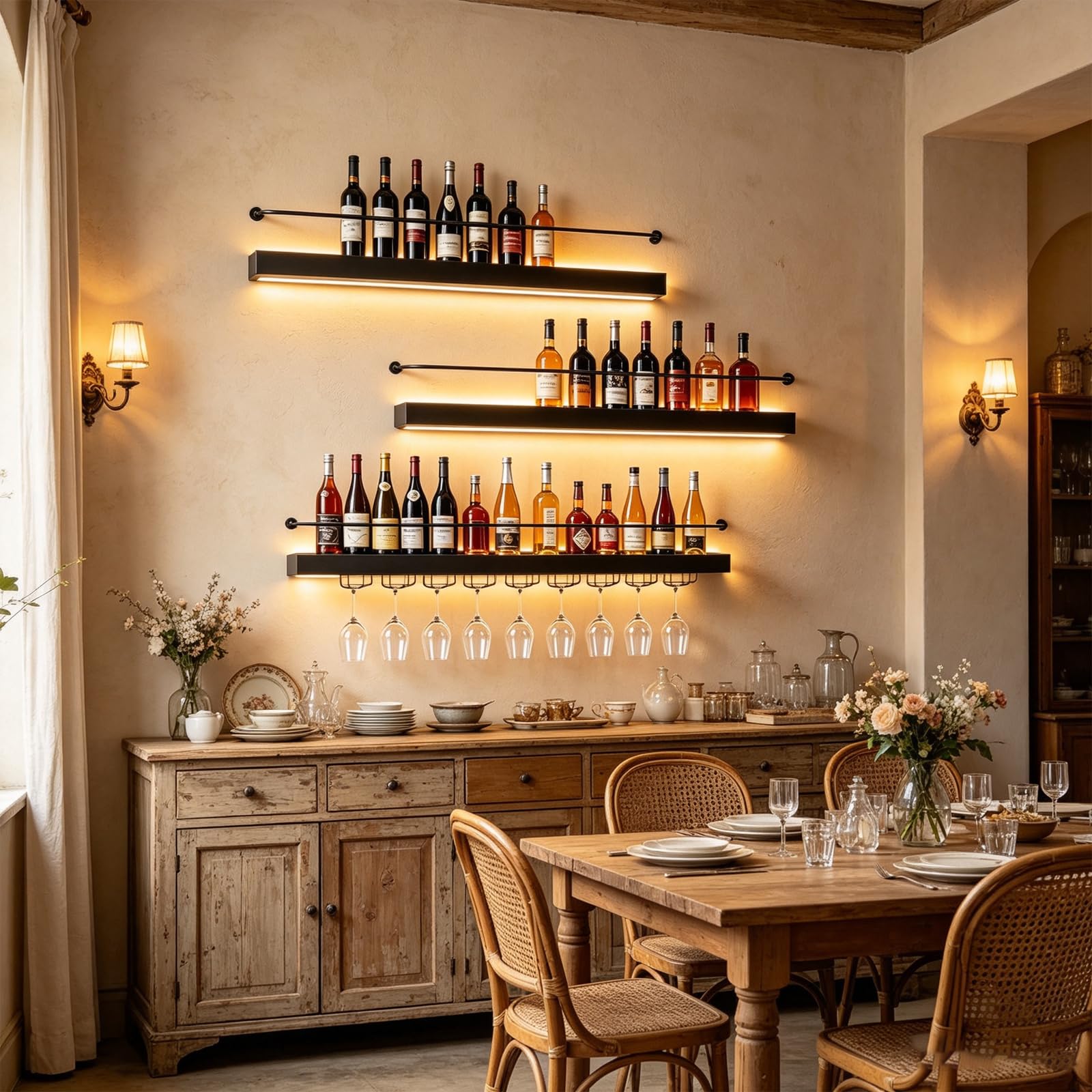 Estante de Vino de Pared con Luz LED, Hierro Negro (Negro, 100CM) | Hierro negro resistente; Incluye soporte para copas; Luz LED cálida; Montaje rápido; Ideal para cocina y bar.
