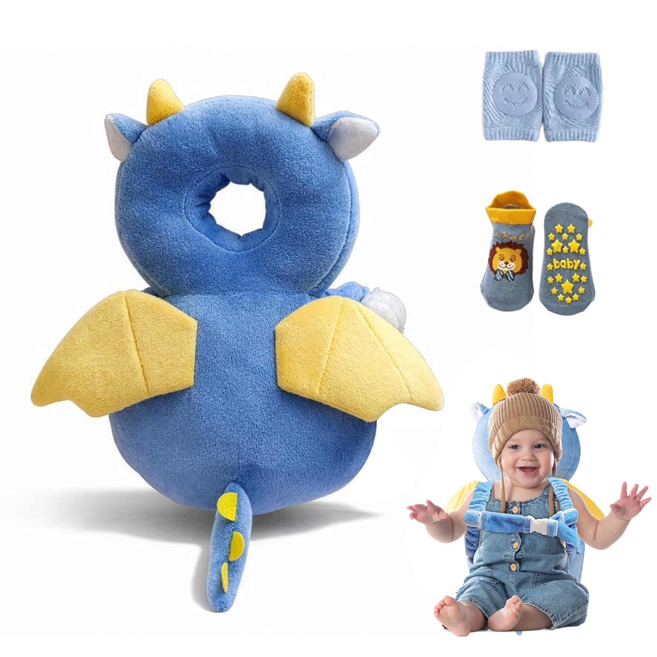 Baby Head Protector Backpack – Toddler Safety Cushion for Crawling &amp; Walking – Infant Fall Protection Pillow with Adjustable Straps – Comes with Knee Pads &amp; Non-Slip Baby Socks (Blue Dragon)