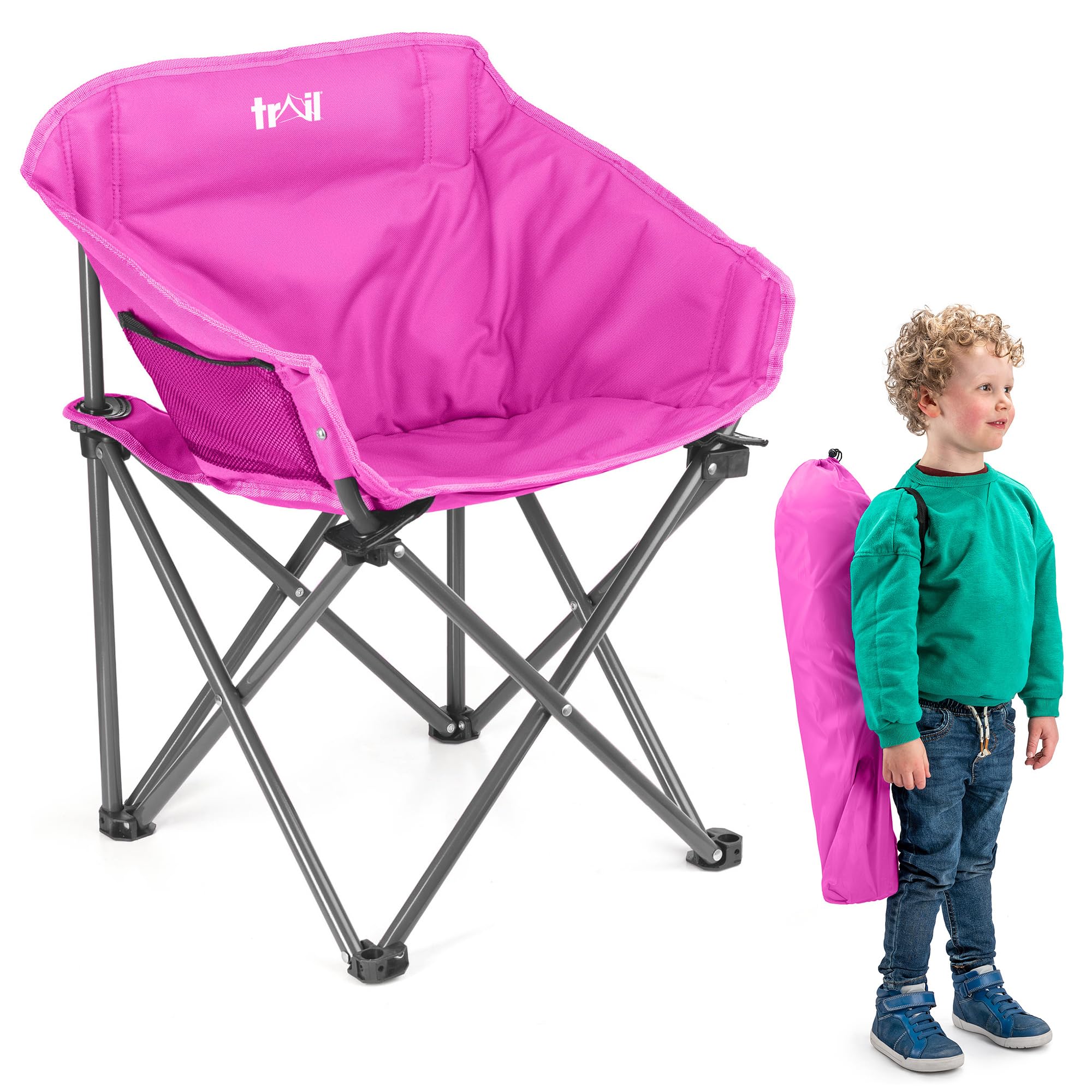 Trail Buzzard Kids Bucket Camping Chair (Pink) – Lightweight Folding Outdoor Garden Beach Chair, All-Round Padded Seat, Steel Frame & Safety Locks, Cup Holder & Pocket, Bag Included (Ages 3-10)