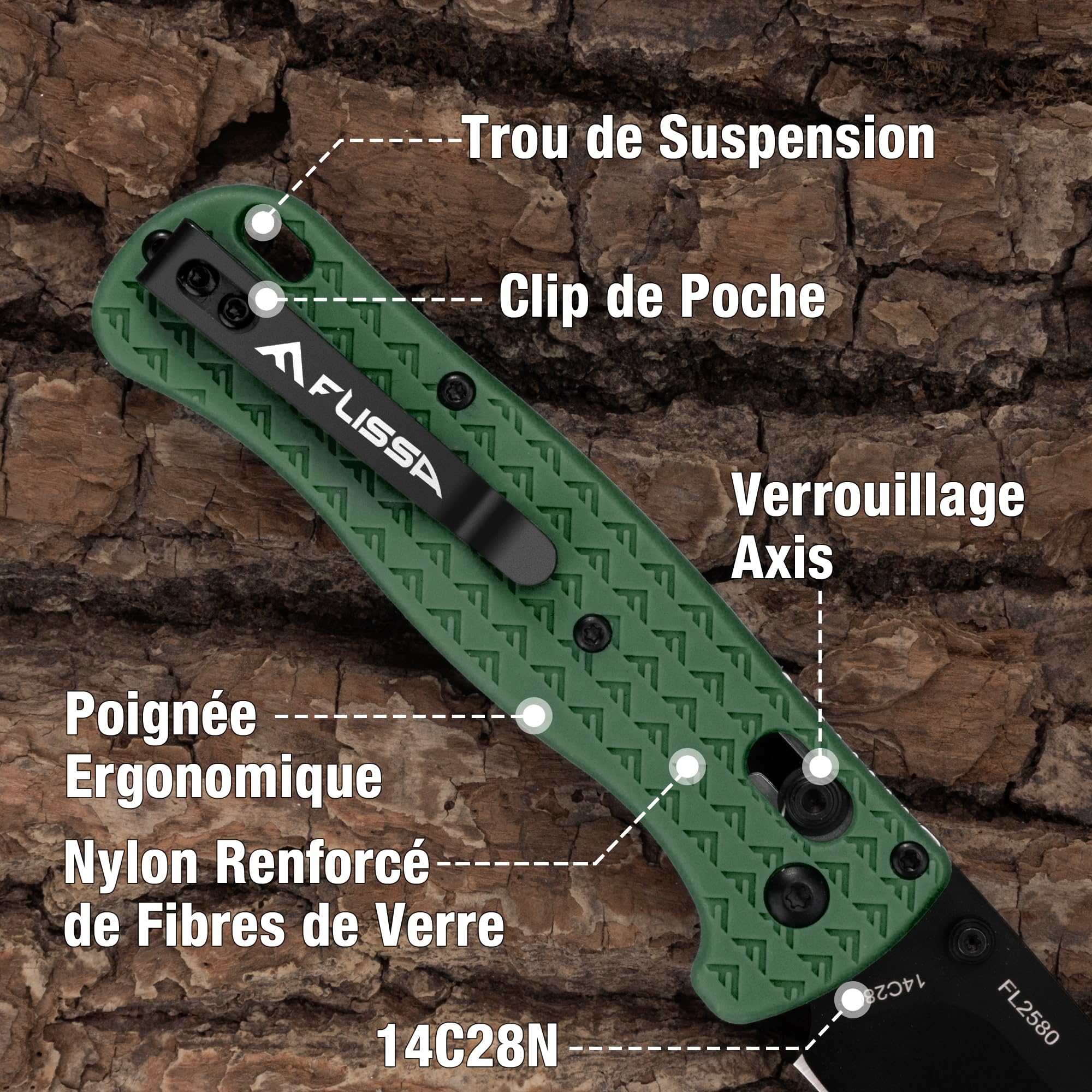 FLISSA Couteau Pliant de Poche 14C28N, Lame Haute Performance Meulée CNC avec Revêtement Titane Noir, Couteau de Poche EDC avec Clip, Idéal pour Usage Quotidien et Activités de Plein Air, Vert