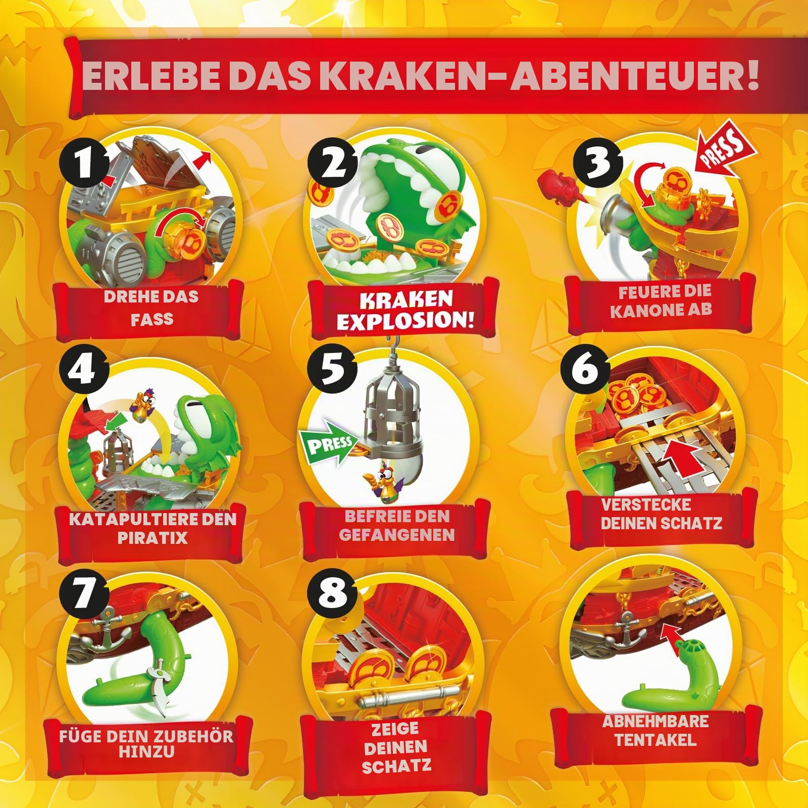 Piratix Kraken Ship – Kraken-Schiff aus Piratix. Enthält 1 Kraken-Schiff, 2 Piratix und exklusives Zubehör, 1 Kanonenprojektil, 1 exklusiver Schatz, 6 goldene Schätze, 1 exklusive Flagge, 1 Schwert, 1