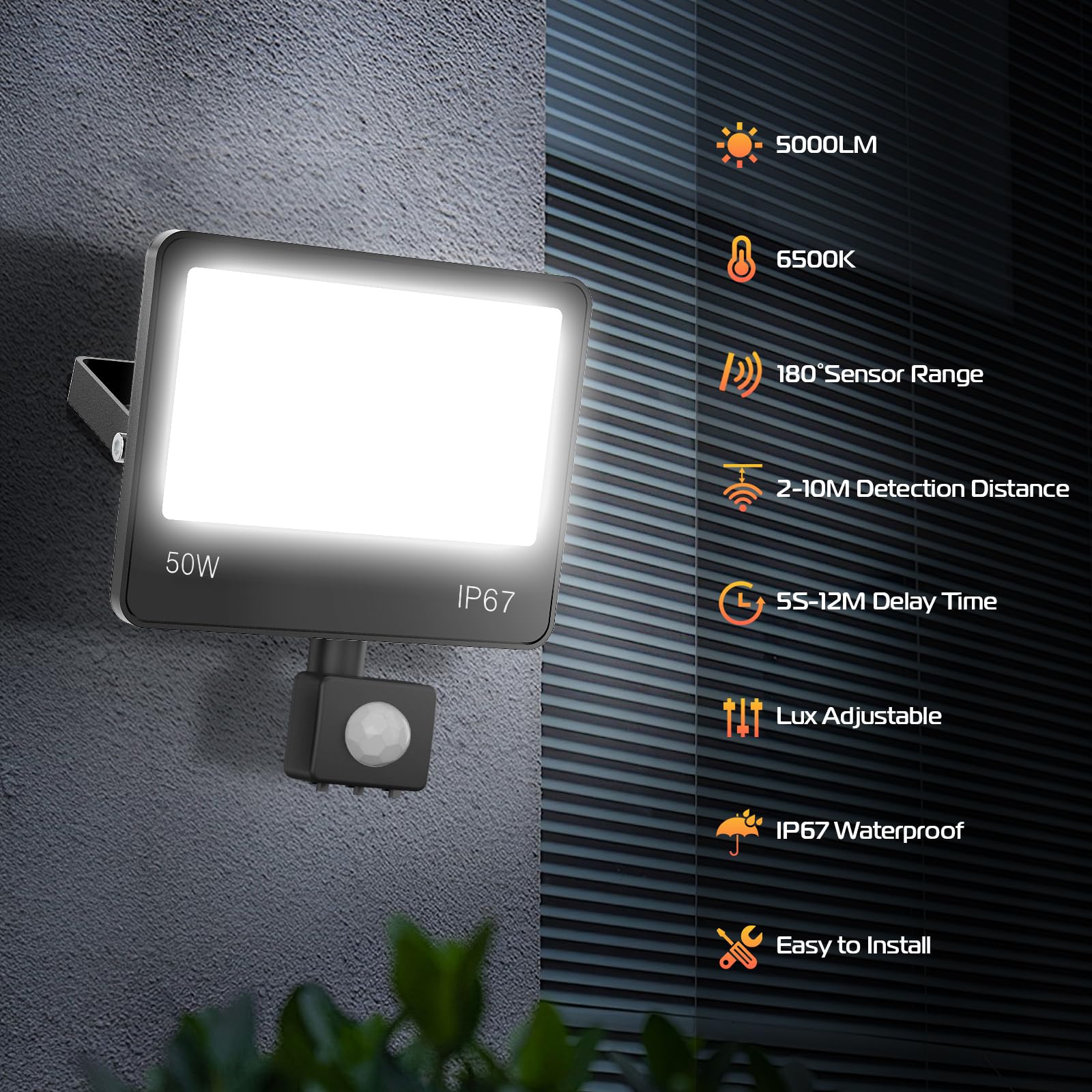 50W Faretto Led da Esterno con Sensore di Movimento, 2 Pezzi Faretti Esterni con PIR 5000LM 6500K Bianco Freddo, IP67 Impermeabile Faro LED per Terrazza Giardino Garage Vialetto