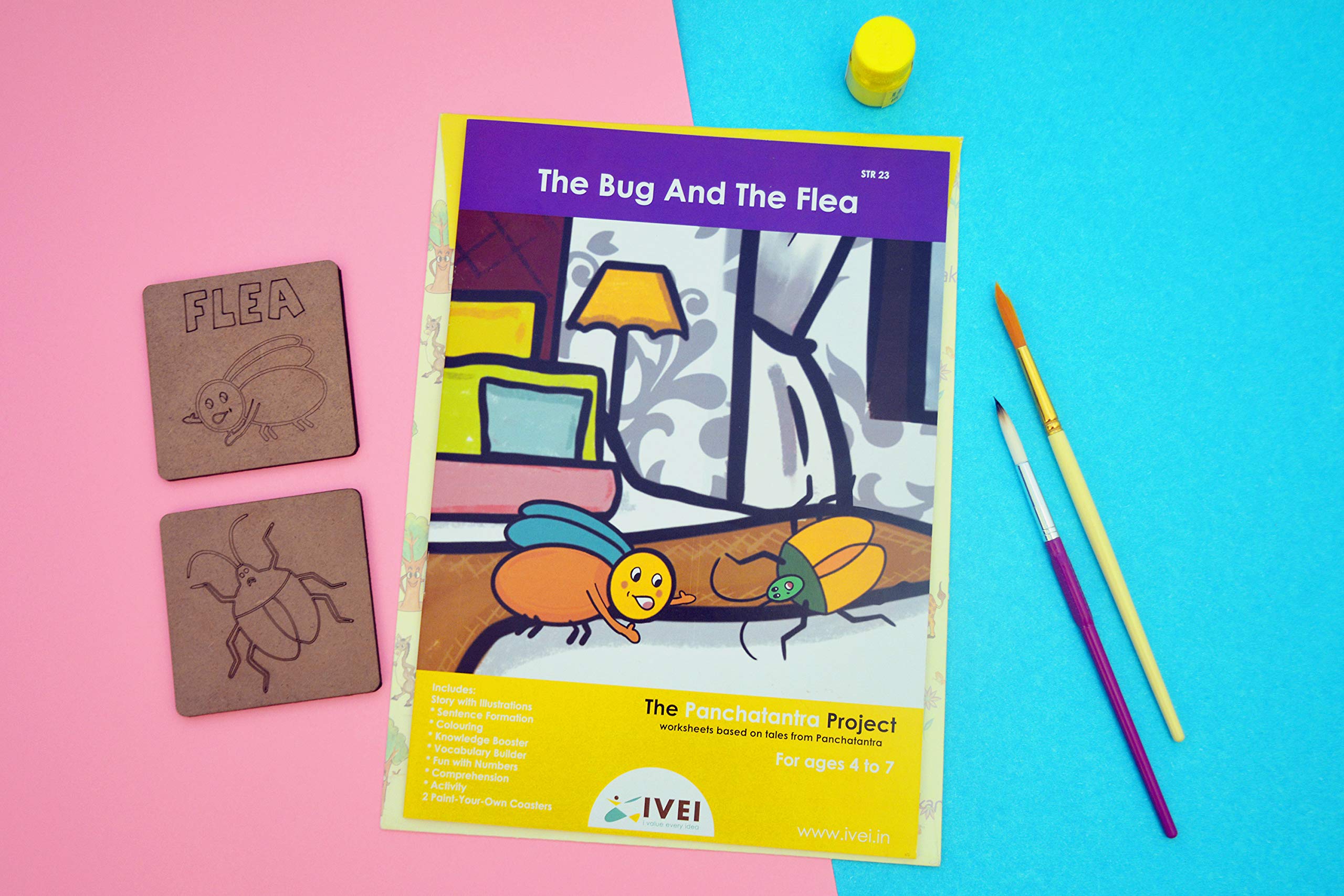 IVEI Panchatantra Story Kids Learning Book - Workbook and 2 DIY Coasters - Colouring Activity Worksheets - Creative Fun Activity and Education for Kids - The Bug and The Flea (Age 4 to 7 Years) - Image 2 thumbnail