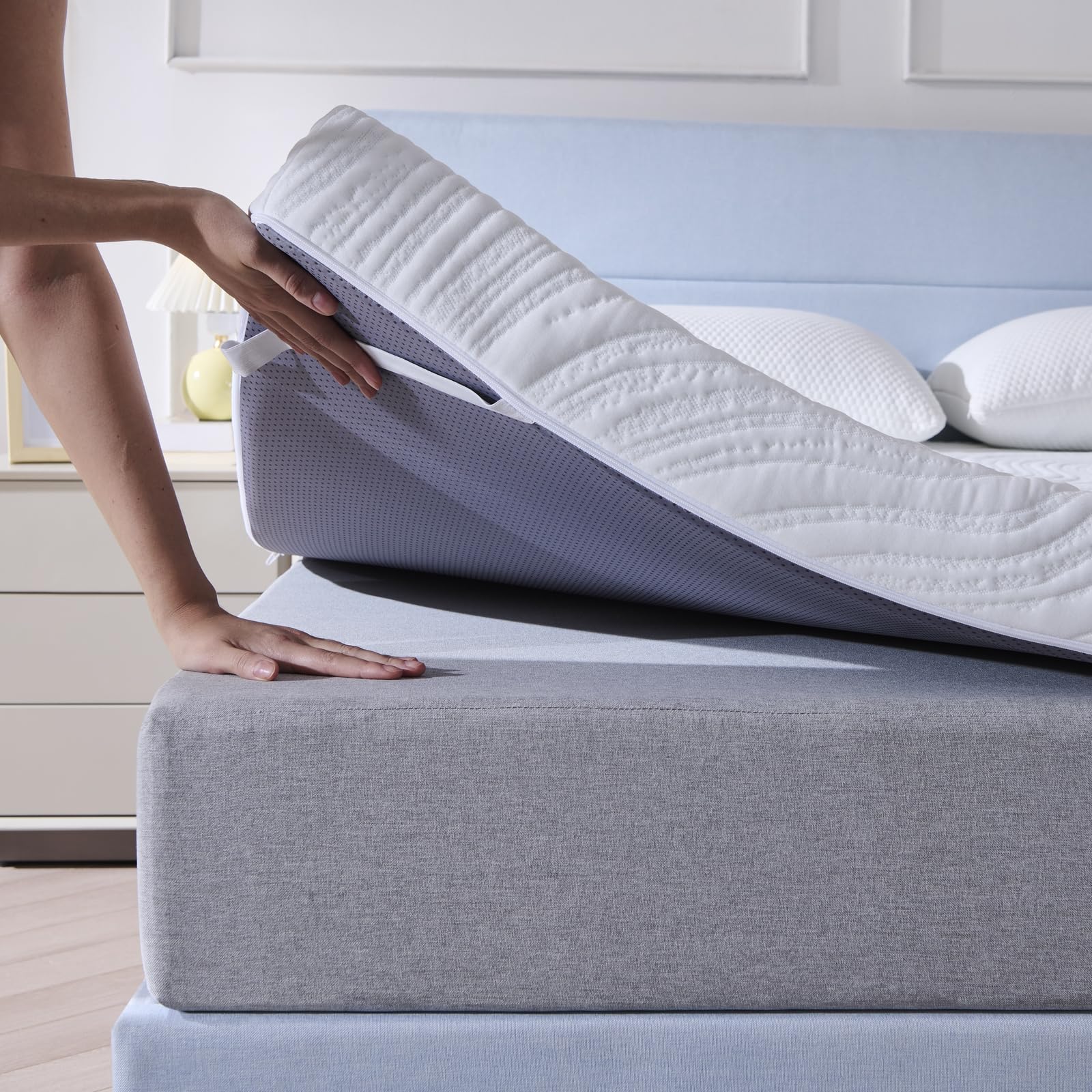 Hiimgo Surmatelas 160 x 200 x 7.5CM, Épaisseur 7.5CM, Surmatelas Memoire de Forme Gel,Absorbant et Respirant,avec Design Antidérapant，Housse de Matelas Amovible et Lavable.