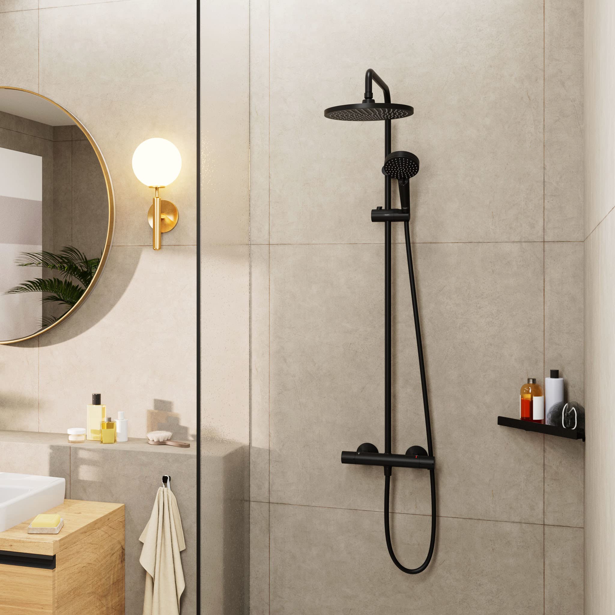 Hansgrohe tête 240mm, Noir Mat, Colonne de Douche Vernis Blend, avec mitigeur thermostatique, 1 Type de Jet, 26426670