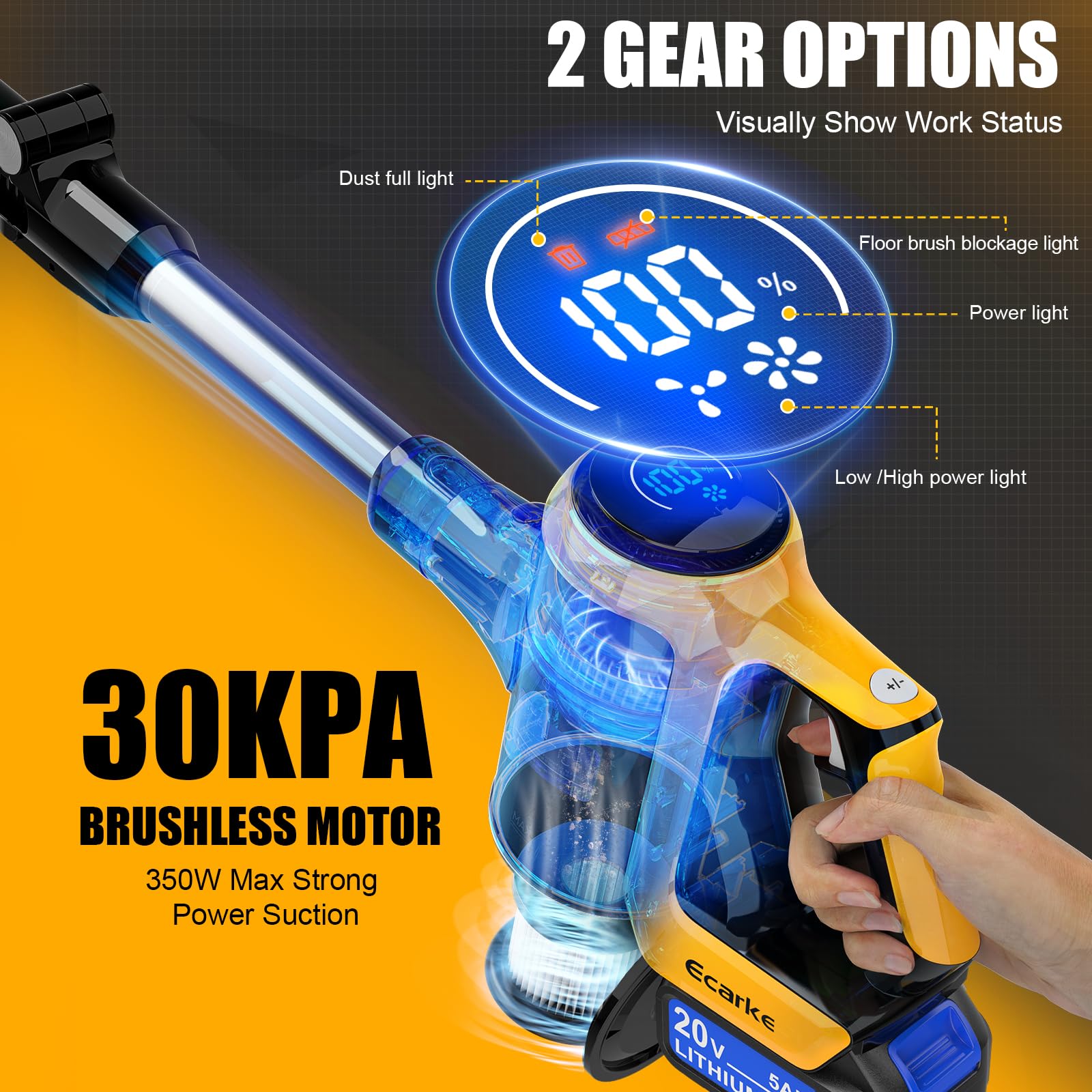 Cordless Stick Vacuum Cleaner for DeWalt Battery, 350W Brushless Motor, 30KPa Suction, 6-in-1 180° Bendable Wand, Smart Screen 2x5AH Batteries & Charger – Hardwood Floors, Carpets & Pet Hair Removal