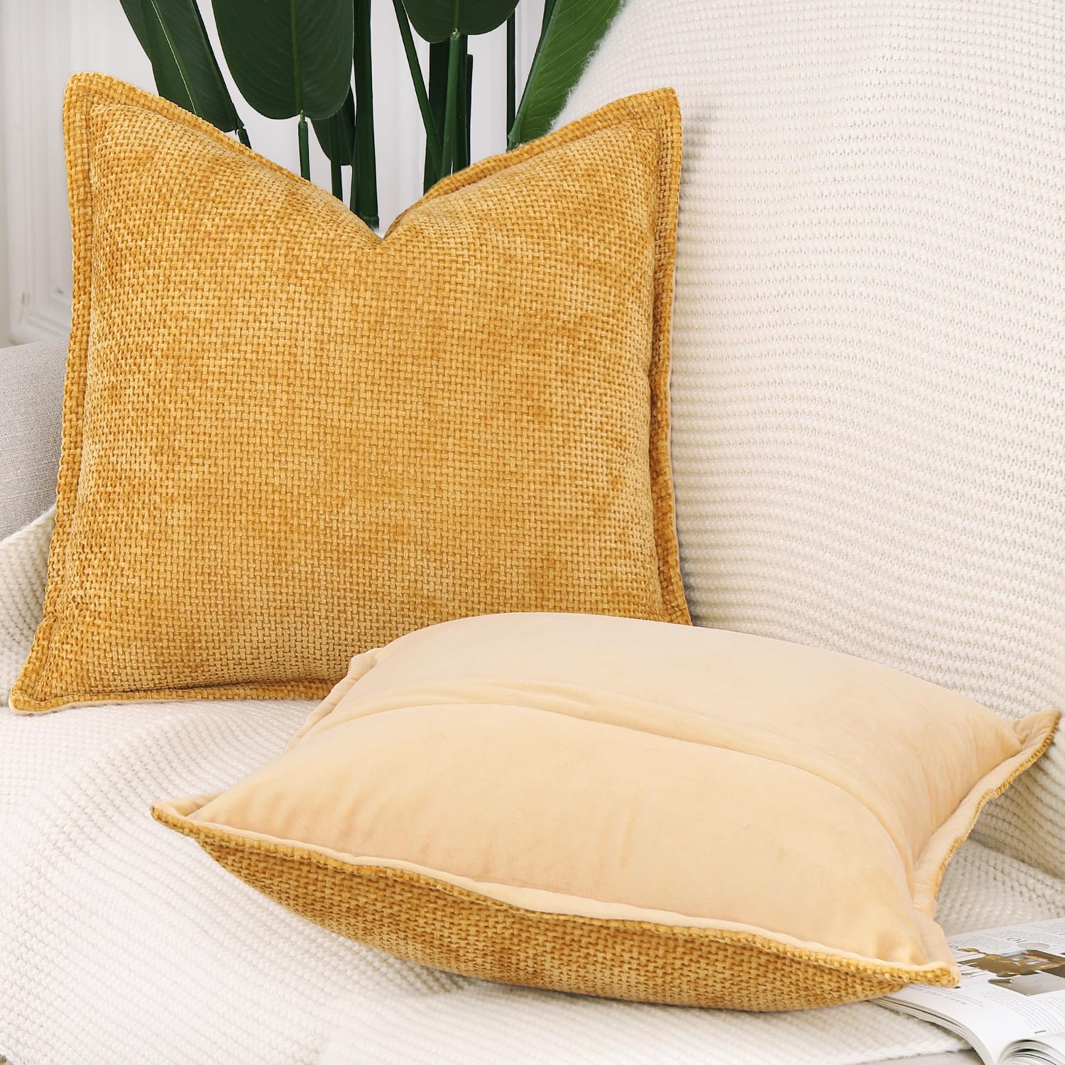Madizz Set of 2 Chenille Velvet Cushion Covers with Flange Soft Boho Textured Throw Pillow Covers Broadside Pillowcases Modern Farmhouse Home Decor for Sofa Bedroom Yellow 24x24 inch - Image 2
