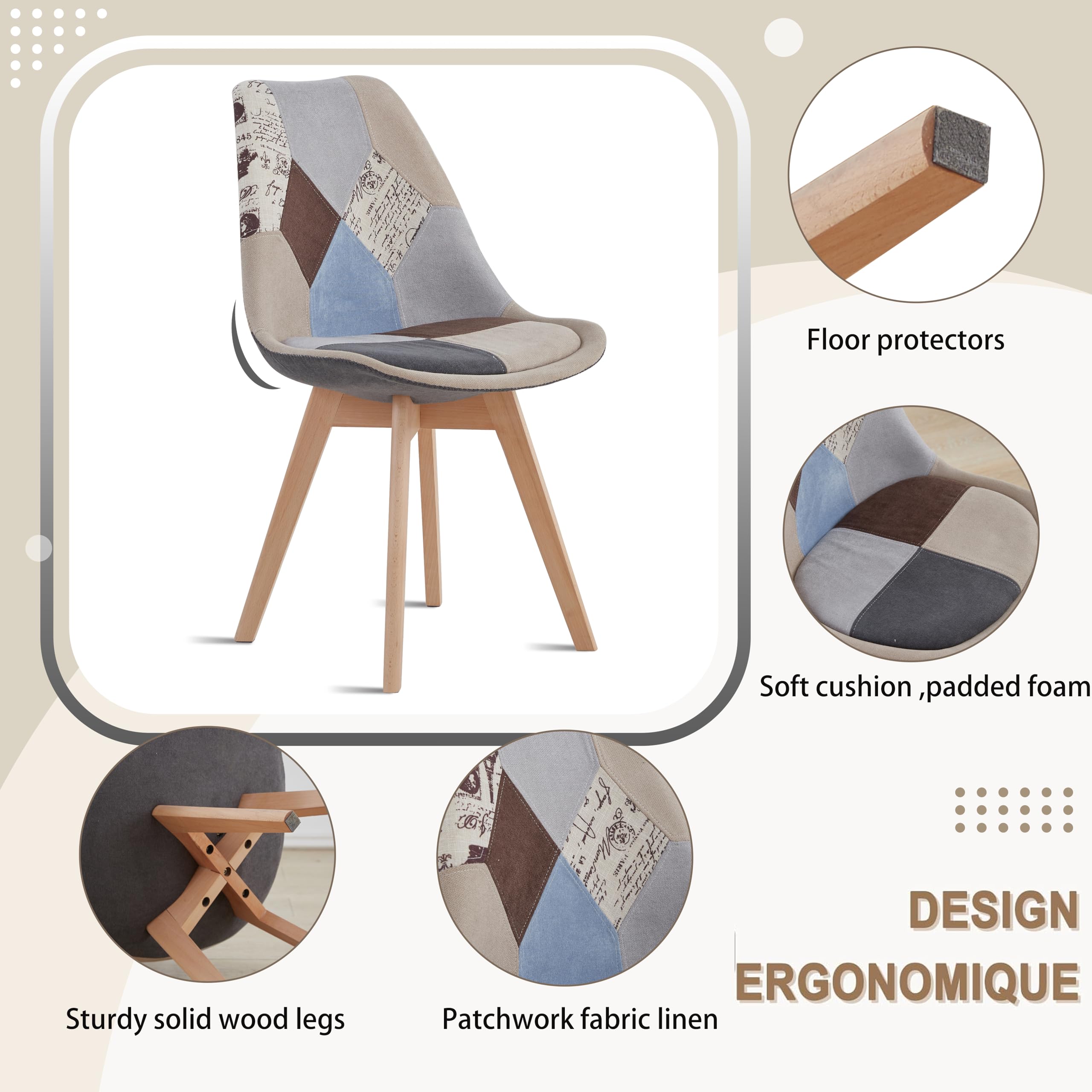 HJhomeheart Set di 2 sedie da pranzo in tessuto patchwork con cuscino del sedile e gambe in legno massello per sala da pranzo, soggiorno, cucina, ecc. (Marrone patchwork)