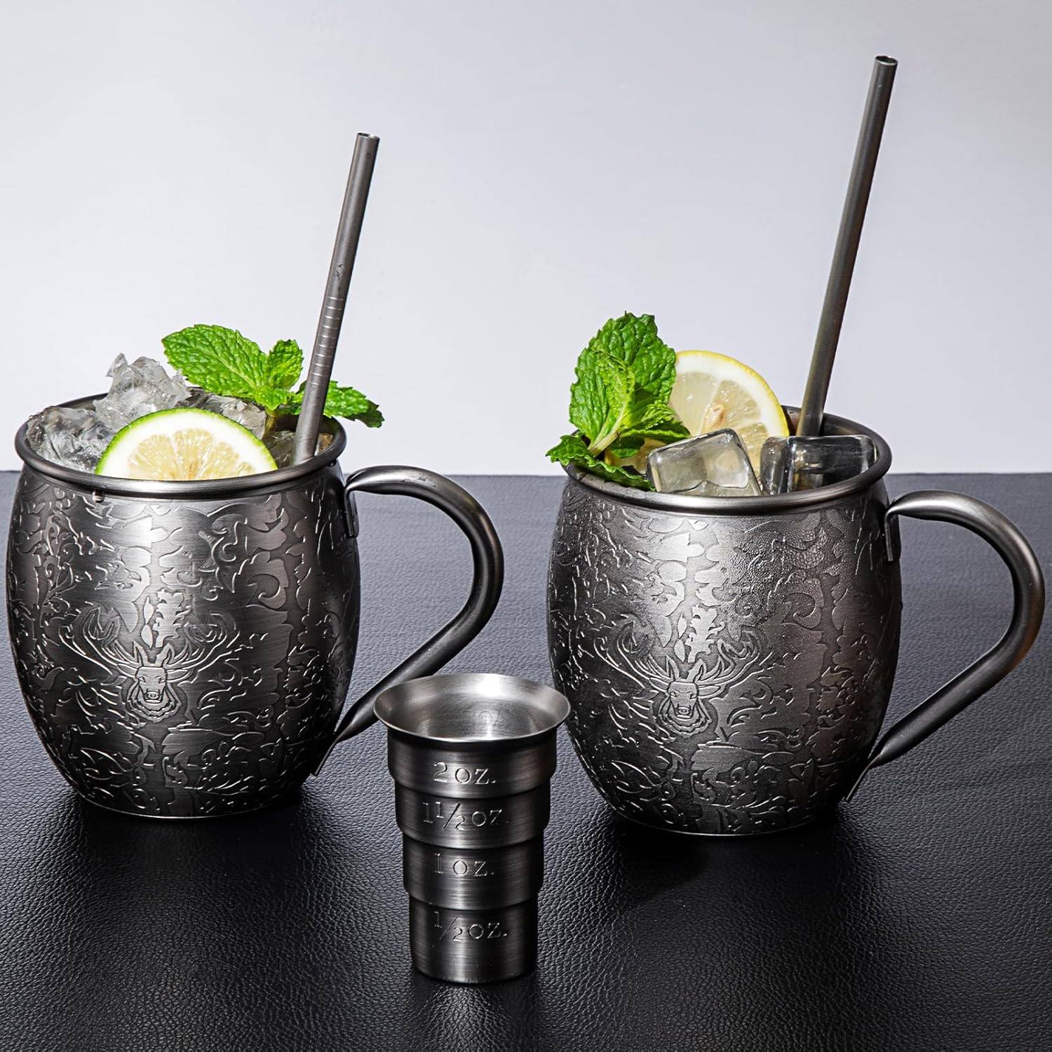 Sky Fish 3D Etched Moscow Mule Mugs Set of 2 Stainless Steel Mugs 18 oz Premium Gift Set with 2 Cocktail Straws, Jigger,Dark Gray