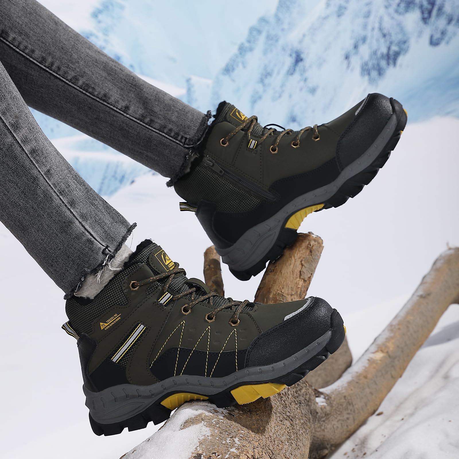 ASTERO Botas de Invierno para Niño 31-38 con Hebilla de Acero, Algodón, Zapatillas Trekking Senderismo, Botas de Nieve y Montaña Verde 32