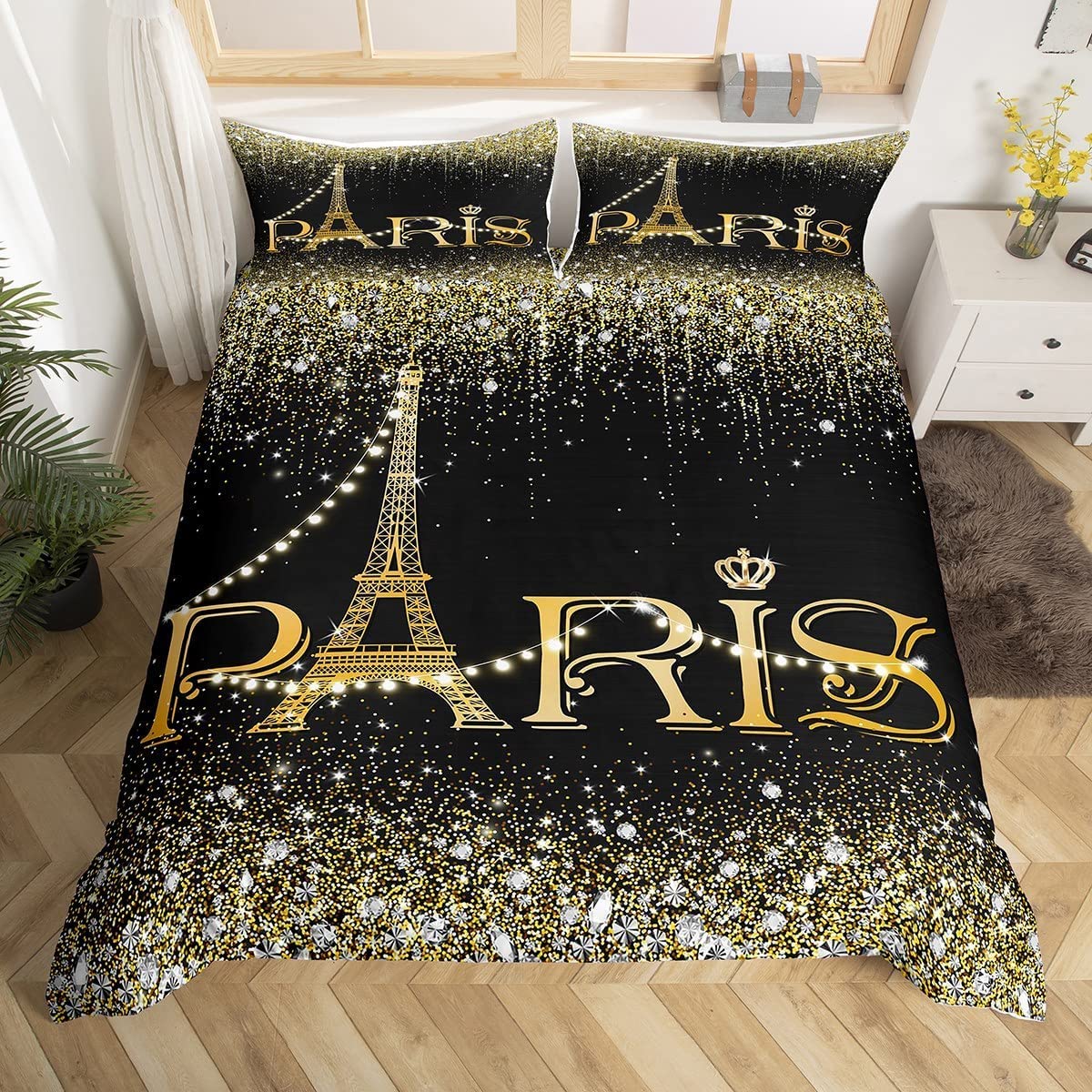 Homewish Black Golden Paris Bedding Set King For Women,Girly Glitter Eiffel Tower Duvet Cover For Valentine'S Day Gift,Gradient Diamond Comforter Cover Sparkles Sequins Quilt Cover With 2 Pillow Sham - Image 3