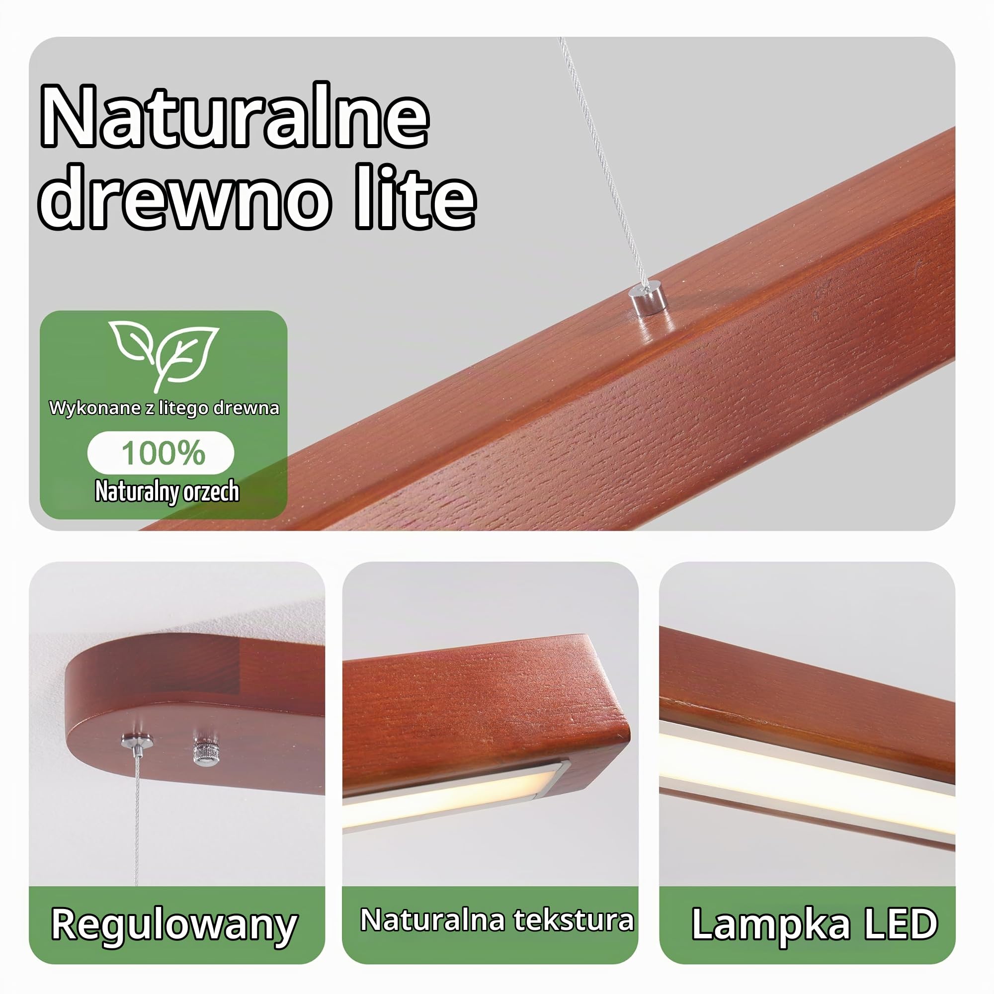Lampa wisząca do jadalni, drewniana, ściemniana LED, 100 cm, orzech, kuchenna, z pilotem zdalnego sterowania, regulacja wysokości, 30 W, nowoczesna lampa do salonu, lampa do jadalni
