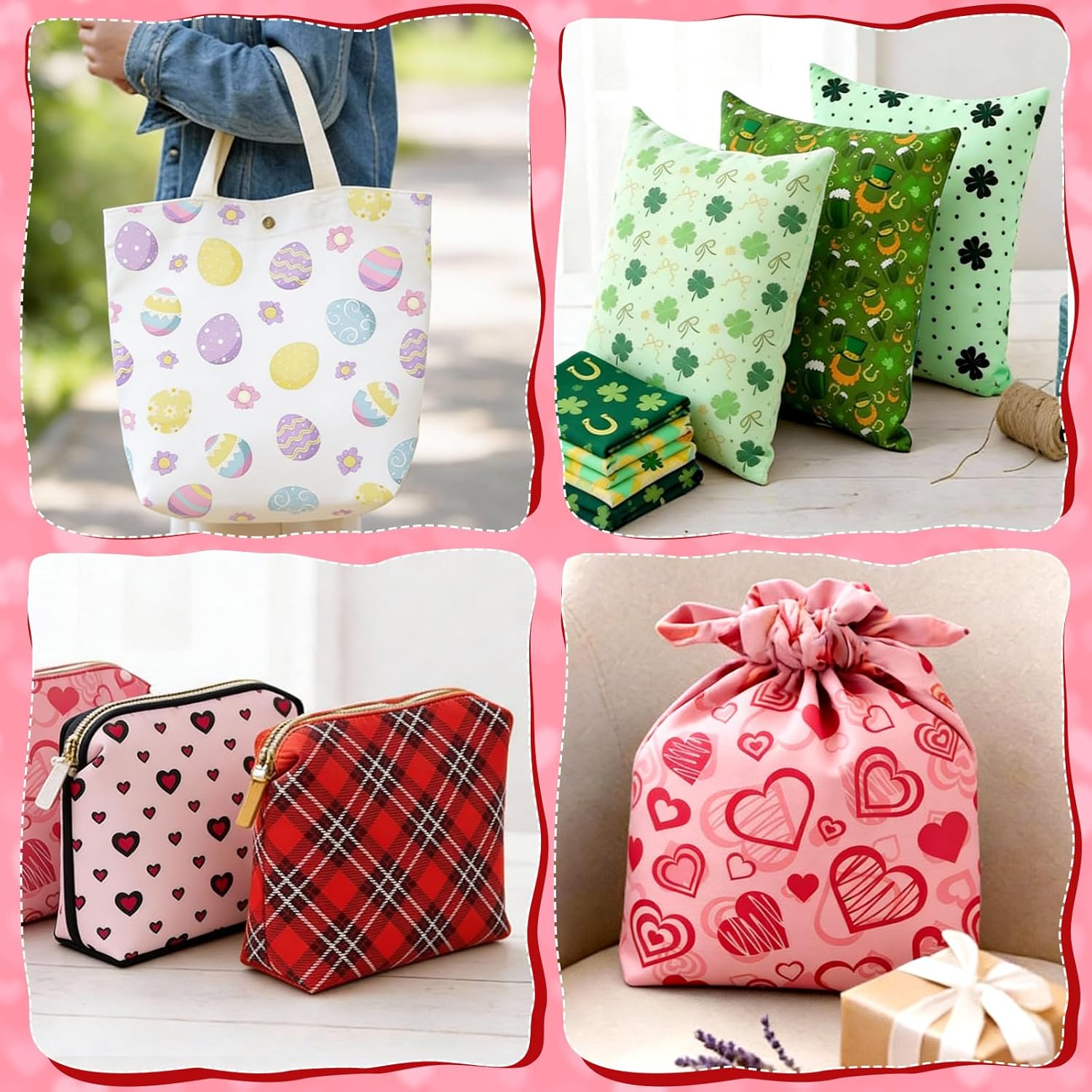 Moukeren 120 Pcs 10 x 10 Inch Romantic Valentine Easter St Patrick's Day Cotton Fabric Squares for Quilting Fabric Bundle Craft Fat Quarters Squares Patchwork for DIY Crafts Handmade Accessory