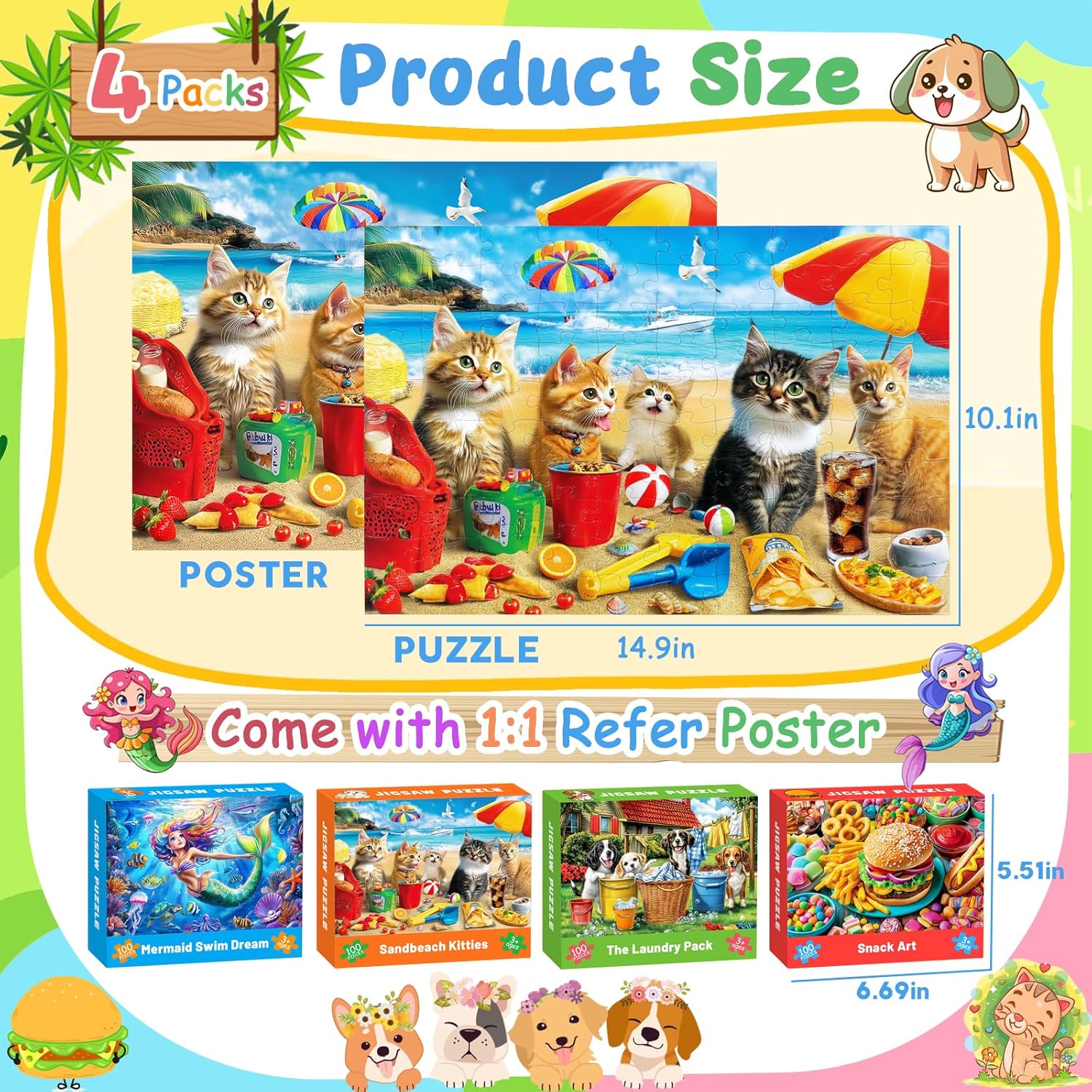 4 Packs 100 Piece Puzzles for Kids Ages 4-6 6-8 8-10, Mermaid Dogs Cats Hamburger Educational Jigsaw Puzzles, Birthday Kids Gifts for Boys Girls Teens Adults Kids Puzzles 4-6 5-8