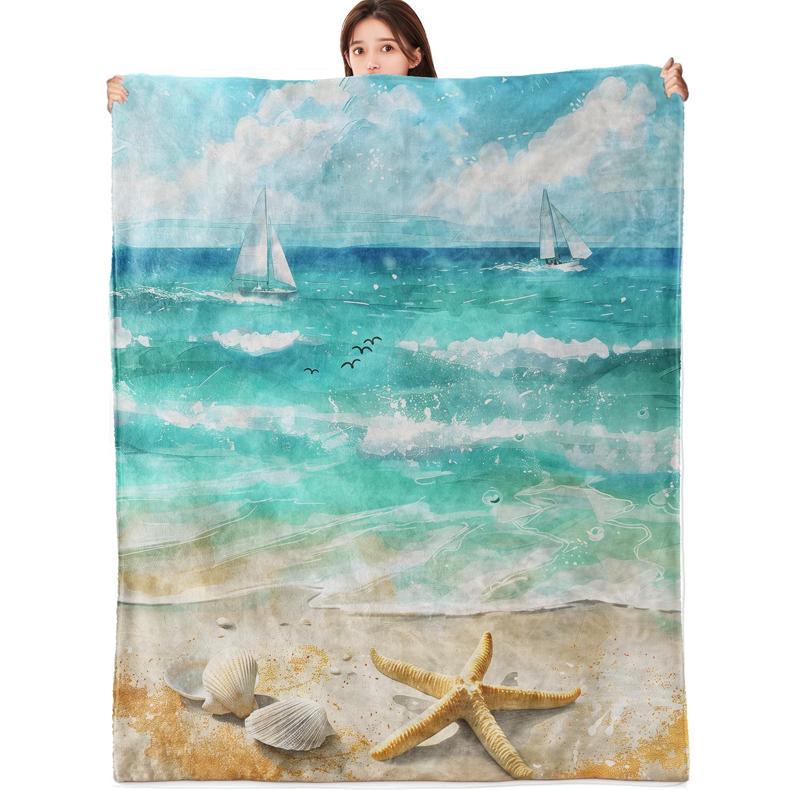 vnlvnl Coastal Beach Blanket Lightweight Flannel Blankets Gifts for Adults with Starfish Seashell Sailboat and Ocean Wave Scene Printed Throw for