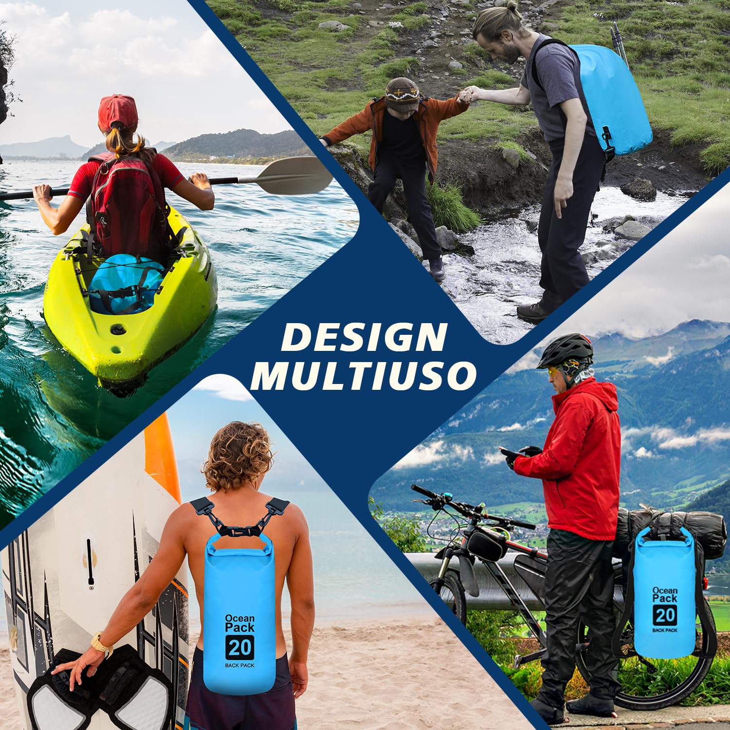 supregear Dry Bag, 20L Borsa Impermeabile, Resistente All'acqua, Zaino Versatile con Doppia Tracolla per Barche, Escursioni, Kayak, Pesca, Campeggio e Altre Avventure All'aperto, Blu