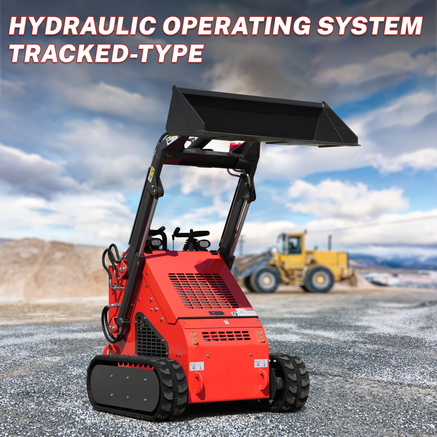 Stand-On Crawler Mini Skid Steer Loader with Trencher and 23 HP Gas Engine and Bucket Attachment, Stock USA