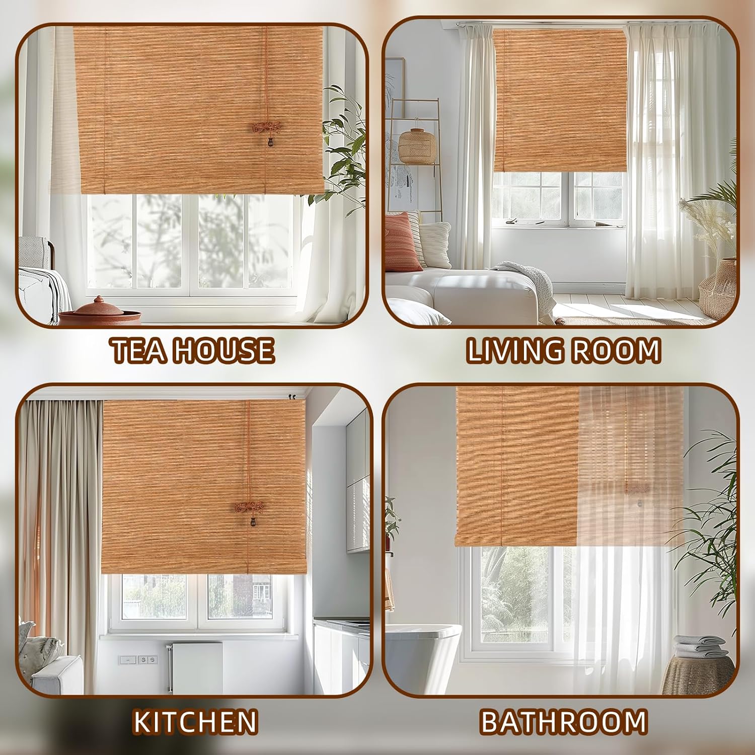 Outdoor Bamboo Roller Blinds Shades, Vertical Lifting and Breathable Waterproof Design, Sun Shade, Blackout and Ventilation, Easy Installation,48" W×72" H