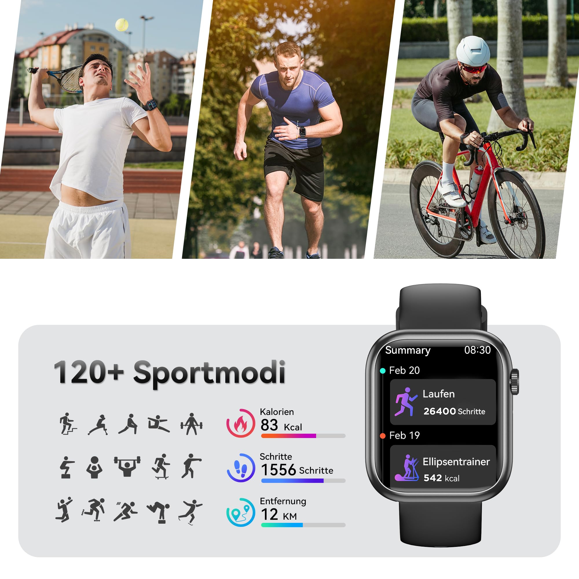 Smartwatch Damen Herren 1.83" HD Fitness Tracker mit Schrittzähler Blutdruckmessung Pulsuhr Telefonfunktion Schlaftracker 120+ Sportmodi IP68 Wasserdicht für iPhone Android