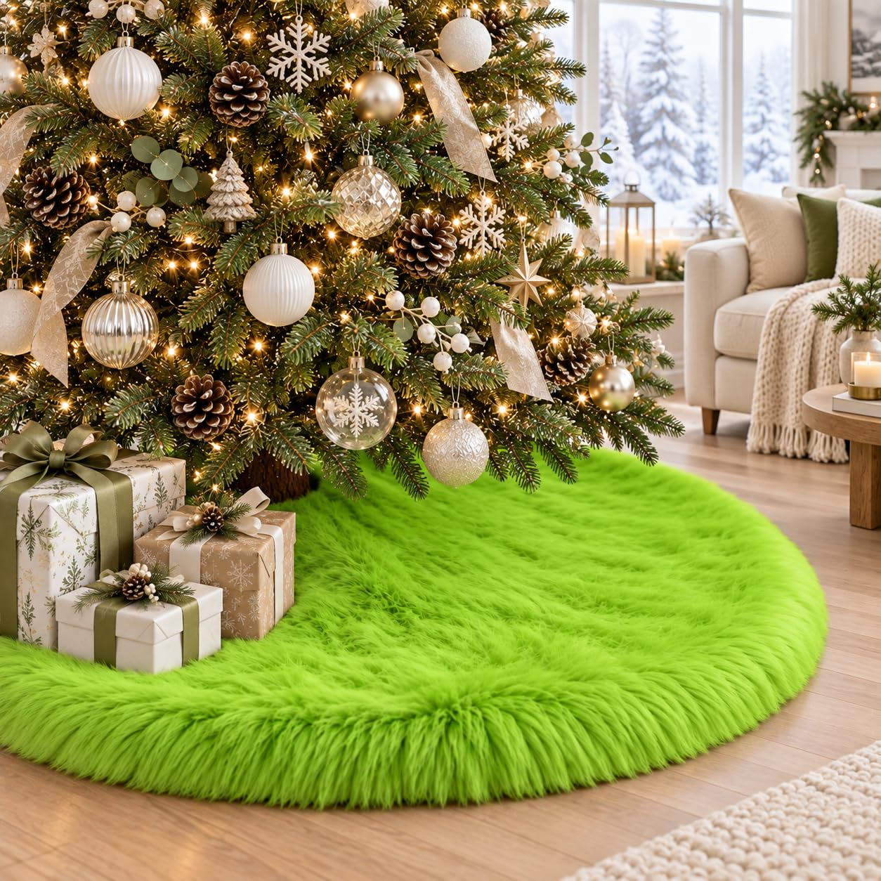 AISENO 60 Zoll Grün Weihnachtsbaum Rock Plüsch Dekoration für Frohe Weihnachten Party - Kunstpelz Weihnachtsbaum Rock Dekorationen
