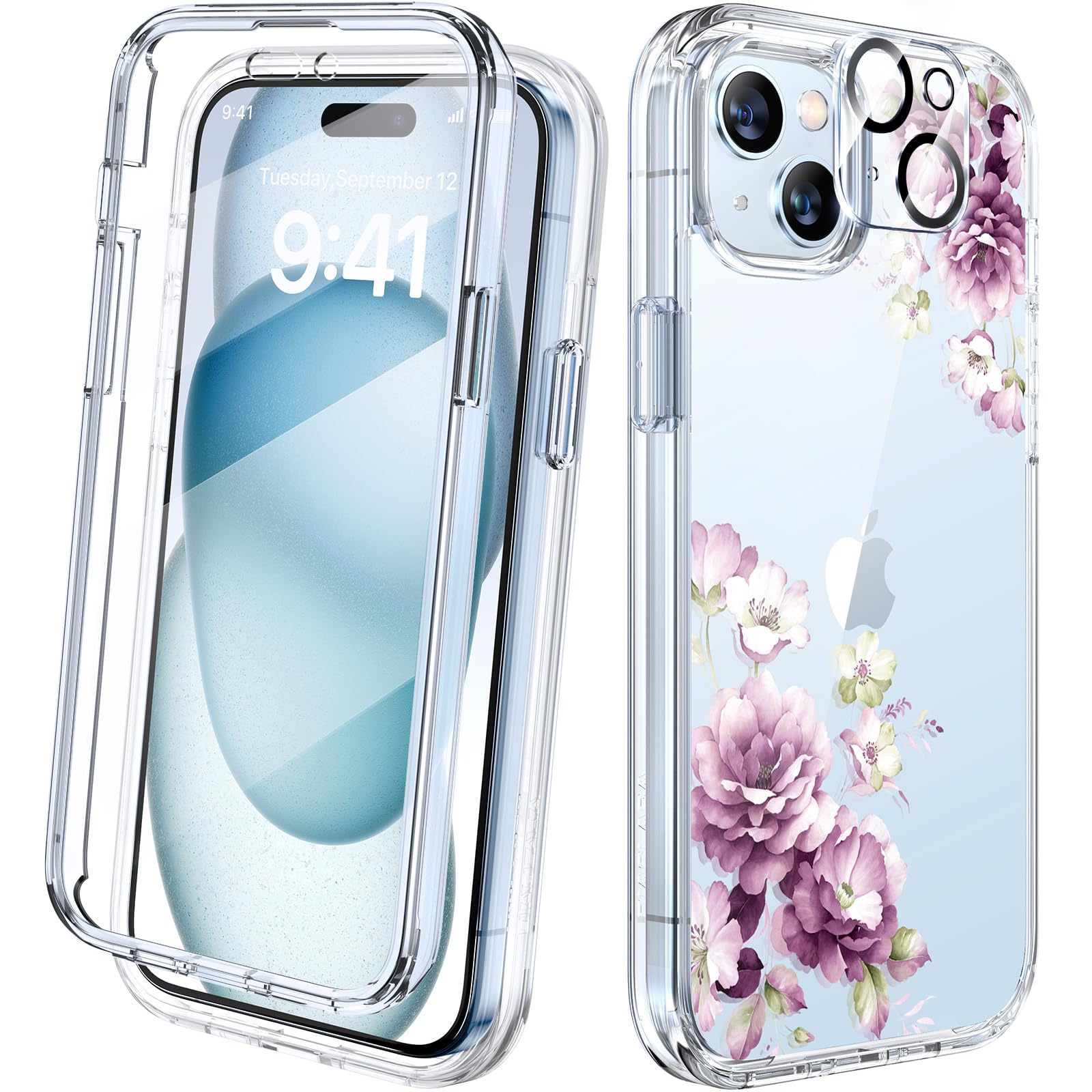 Photo 1 of Diaclara Designed for iPhone 15 Plus Phone Case,Full Body Rugged Case with Built-in Screen Protector+9H Tempered Glass Camera Lens Protector (Clear Flower)