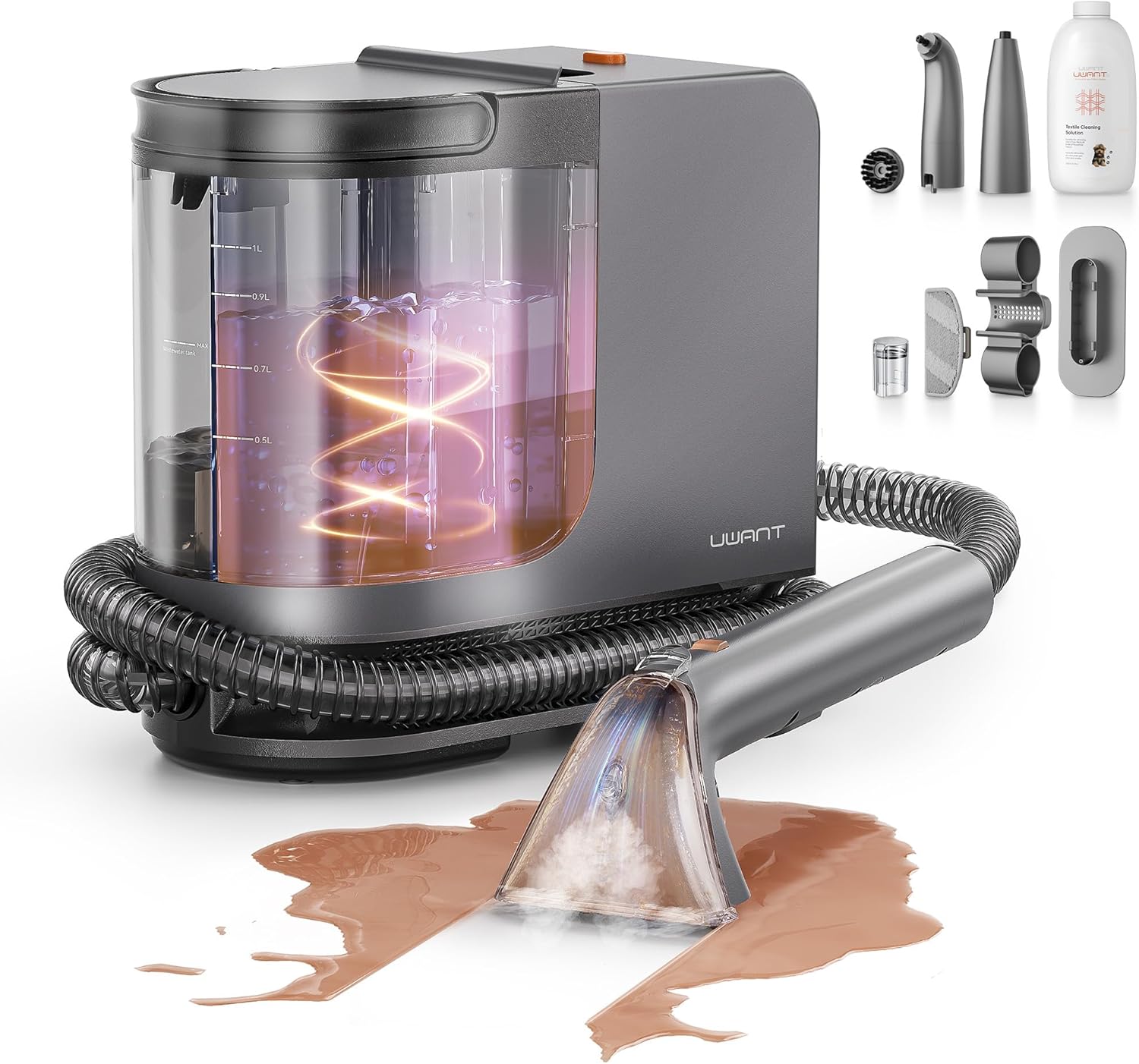 Product image of uwant Portable Carpet Cleaner with Steam& Heating System 18Kpa Powerful Suction Carpet Cleaner with 4 Cleaning Tools& Solution 2 in 1 Upholstery Cleaner Steam Cleaner for Pets, Car