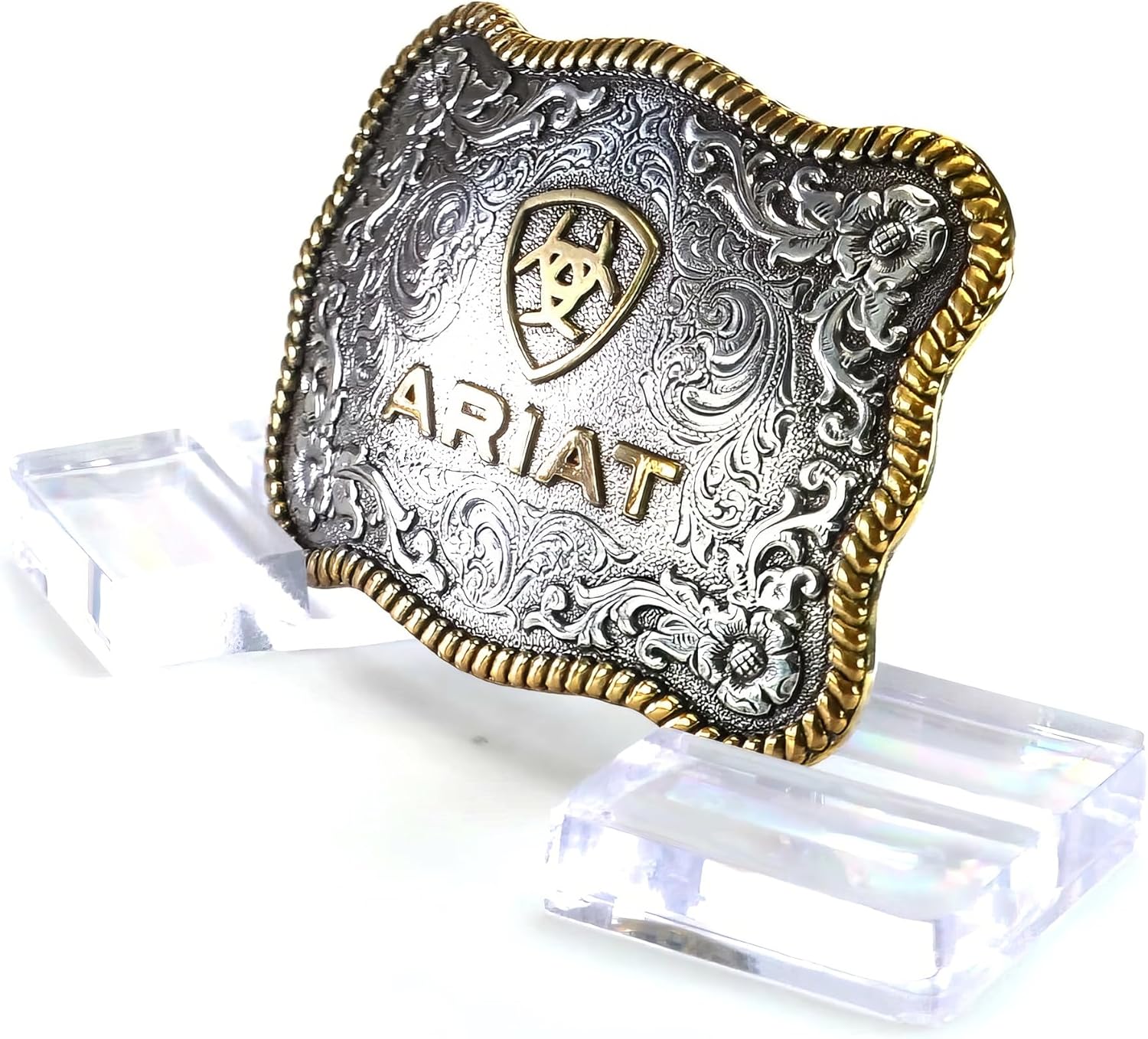 ARIAT Large Scalloped Shape Buckle with Logo, Floral and Scroll Detail, Twisted Rope Trim, 3.75"x 2.75"
