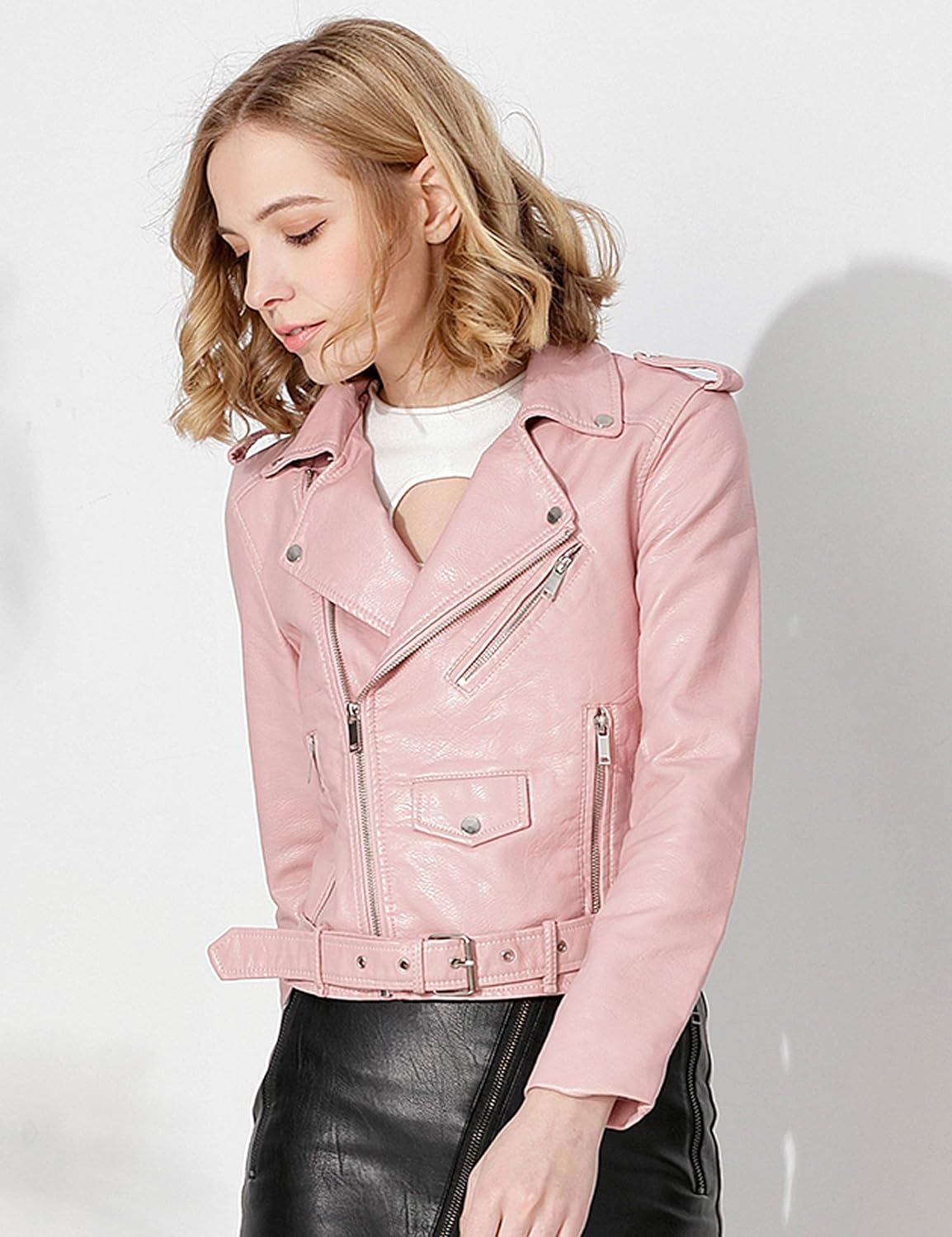 Women's Faux Leather Textured Short Moto Jacket Zip-up Slim PU Biker Coat with Pockets - Image 4